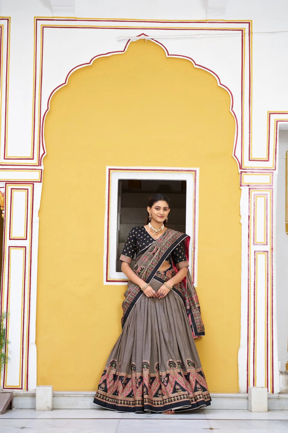 Black Tasar Silk Printed Lehenga Choli