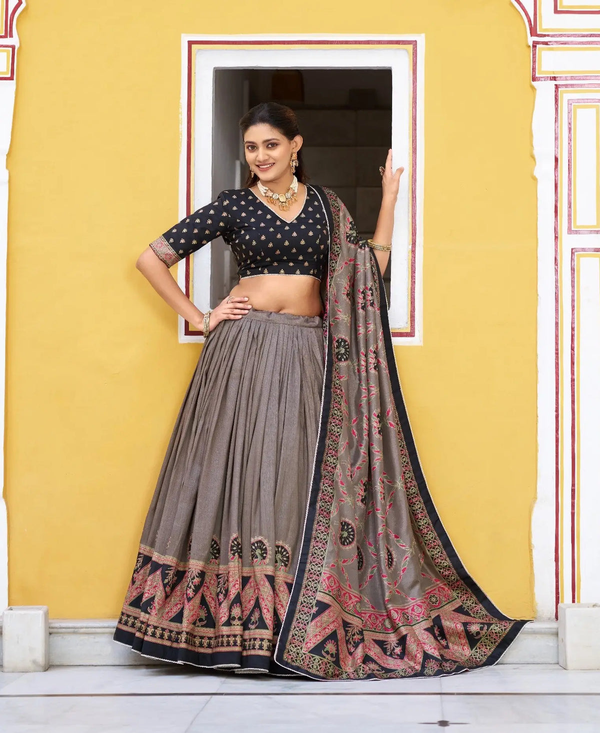 Black Tasar Silk Printed Lehenga Choli