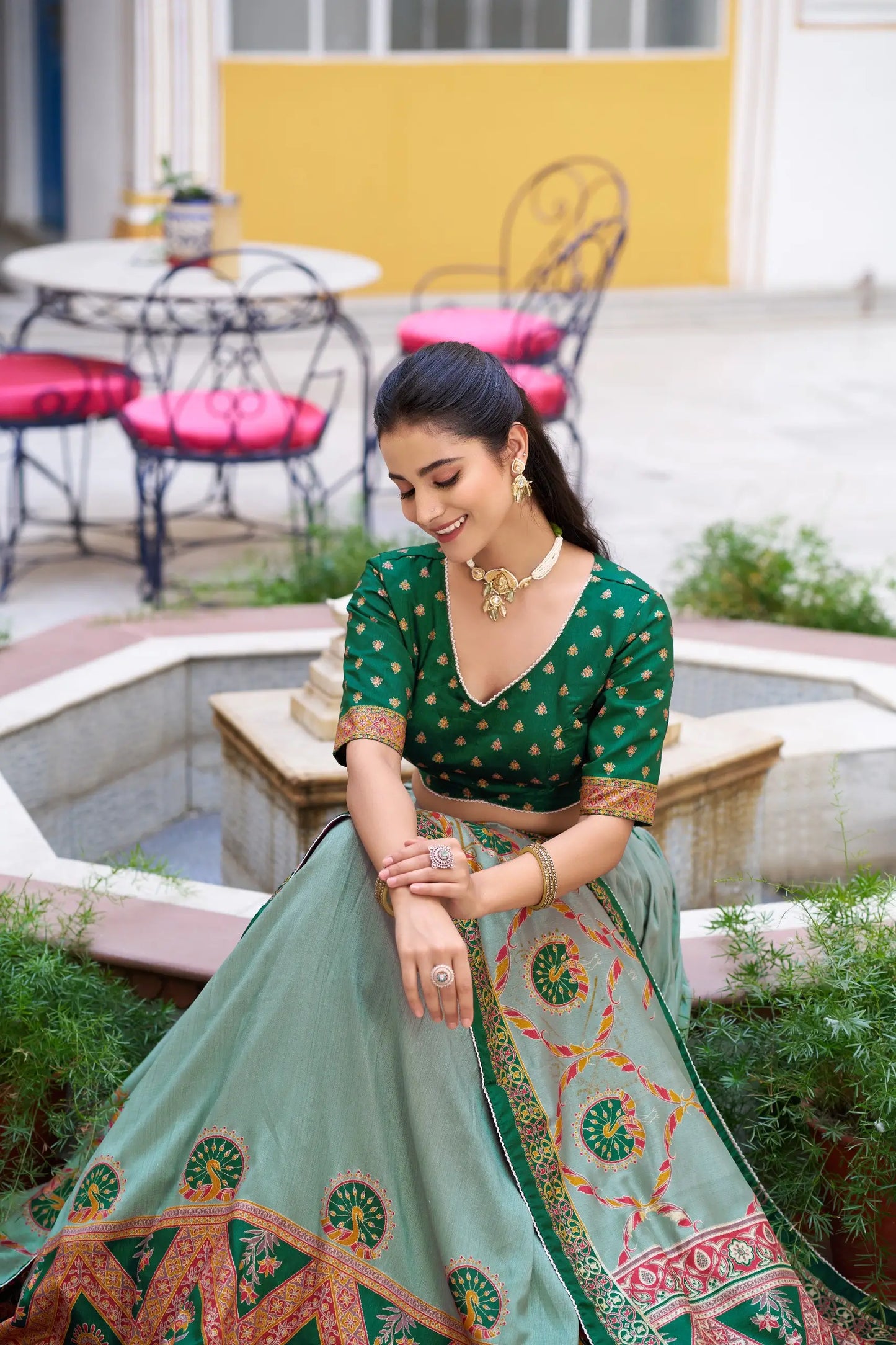 Green Tasar Silk Printed Lehenga Choli