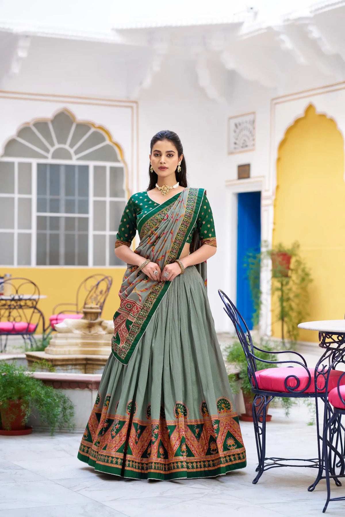 Green Tasar Silk Printed Lehenga Choli