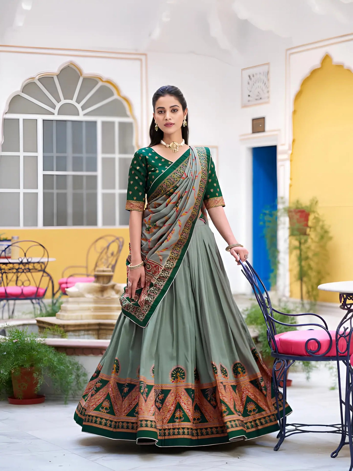 Green Tasar Silk Printed Lehenga Choli