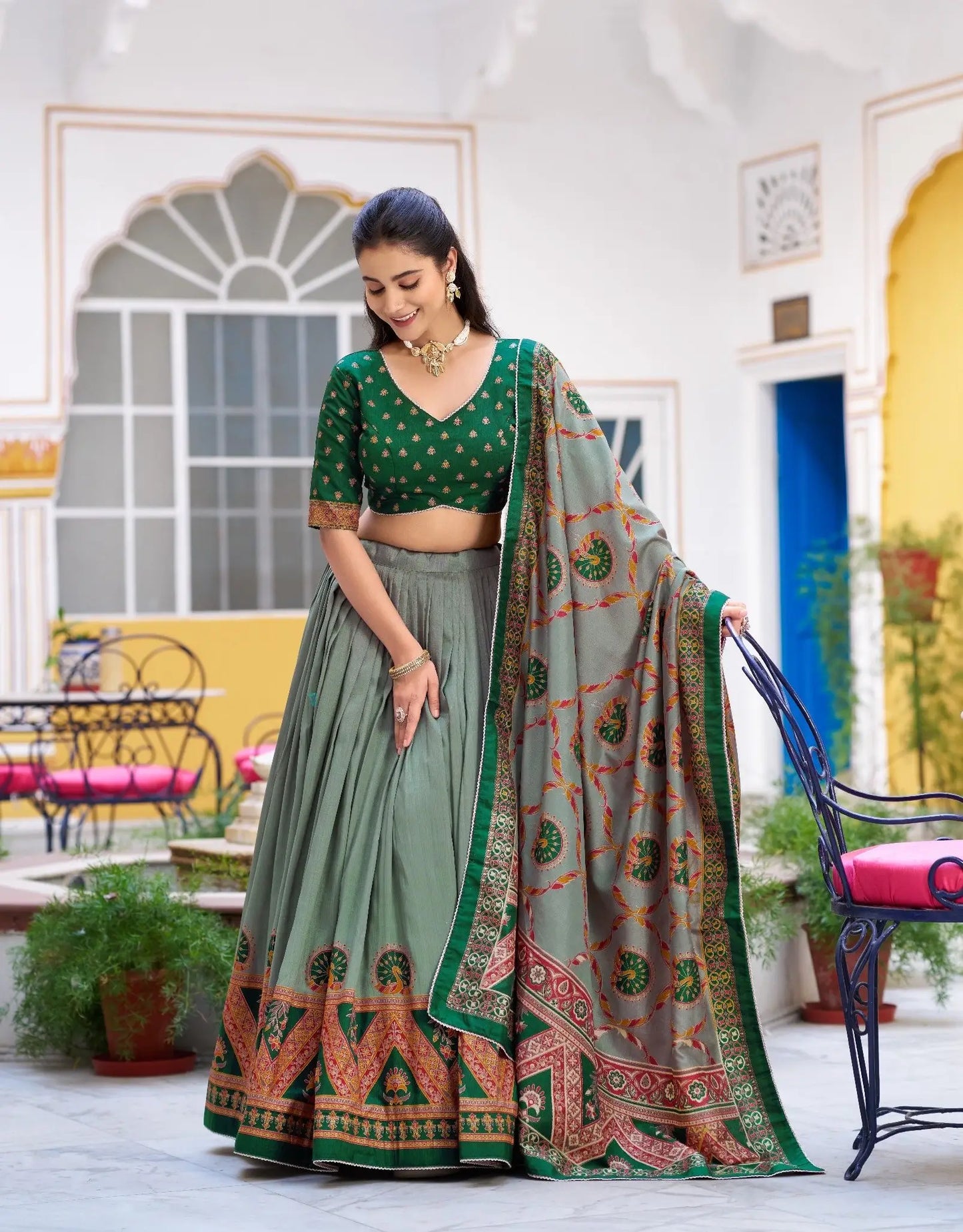 Green Tasar Silk Printed Lehenga Choli
