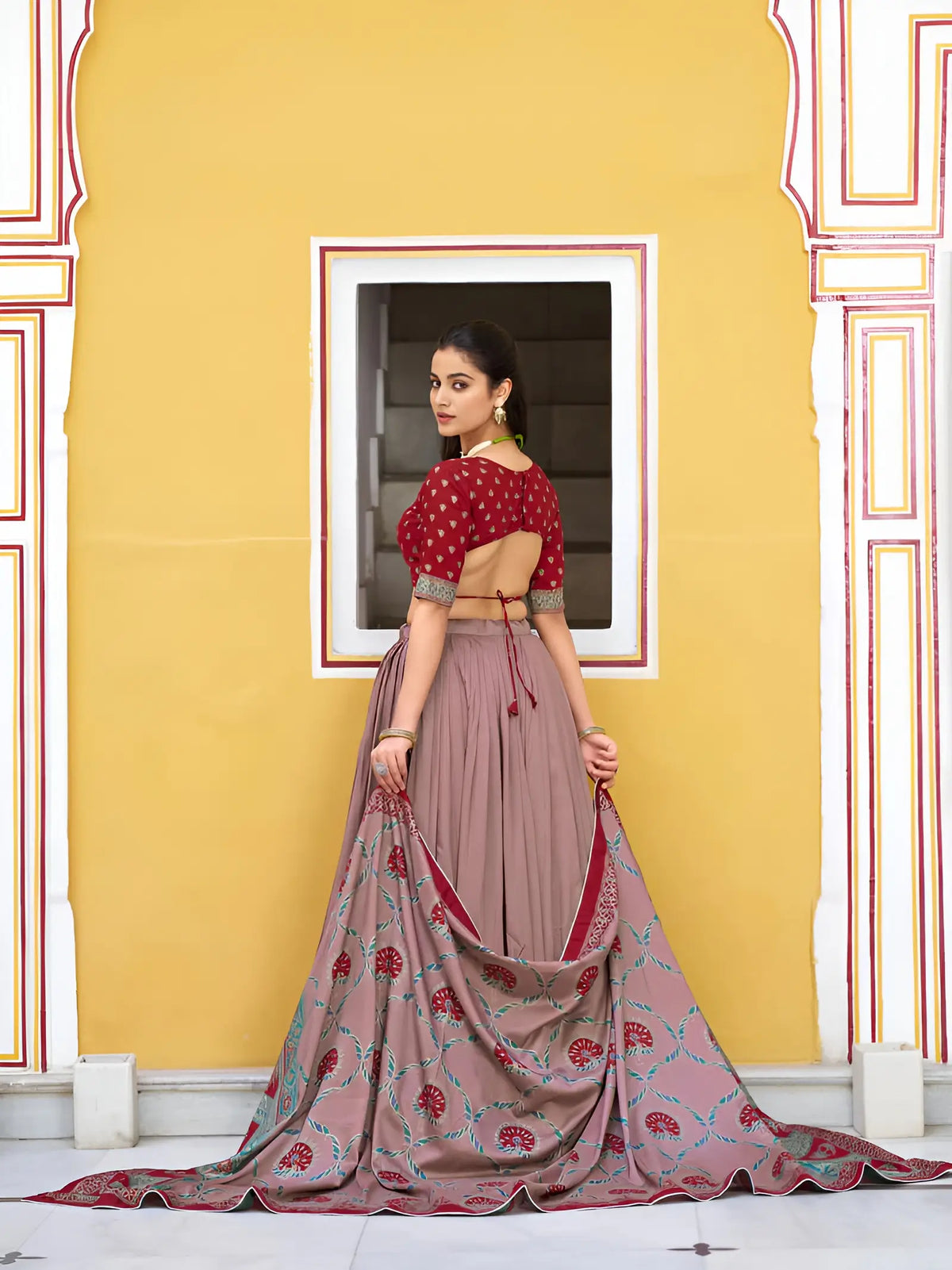 Red Tasar Silk Printed Lehenga Choli