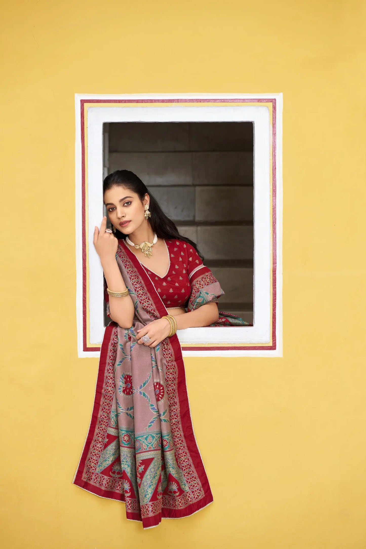 Red Tasar Silk Printed Lehenga Choli