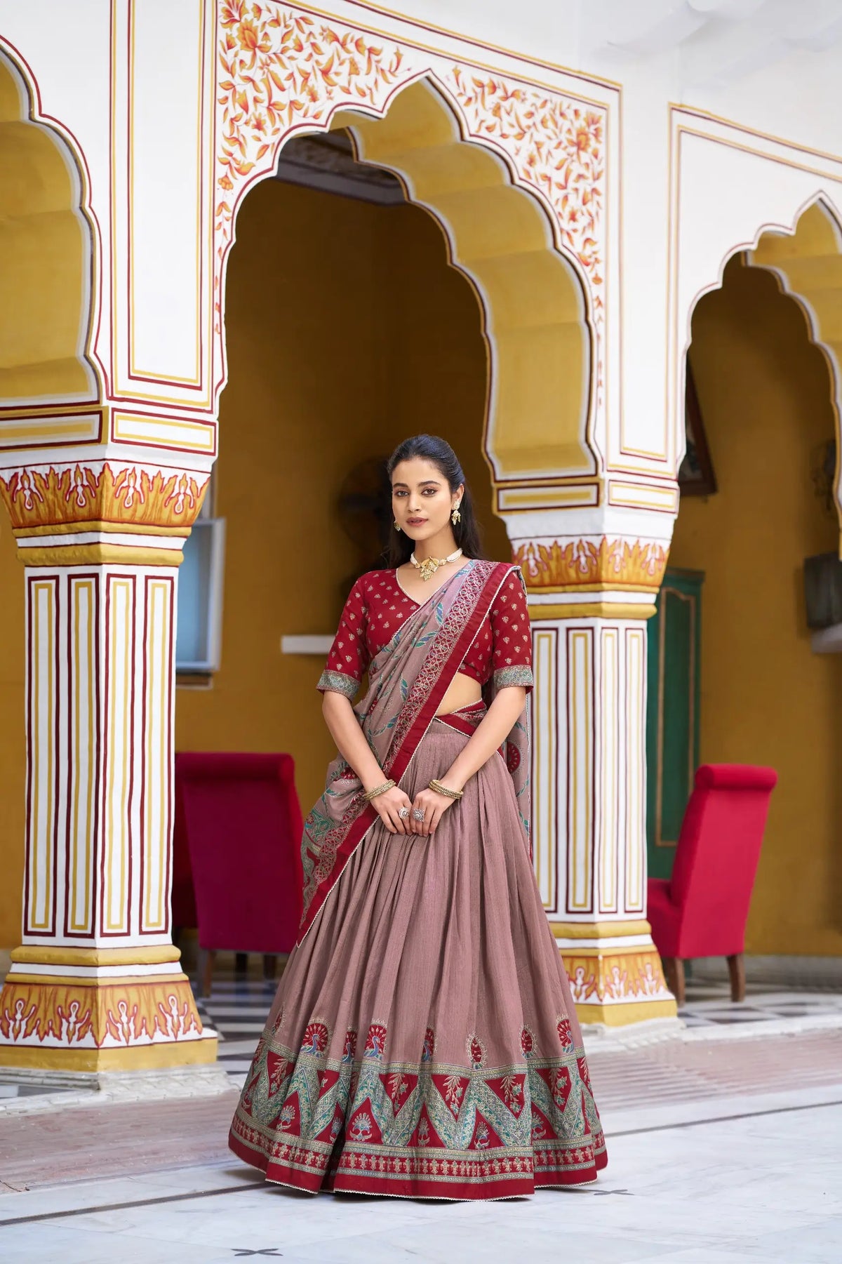 Red Tasar Silk Printed Lehenga Choli