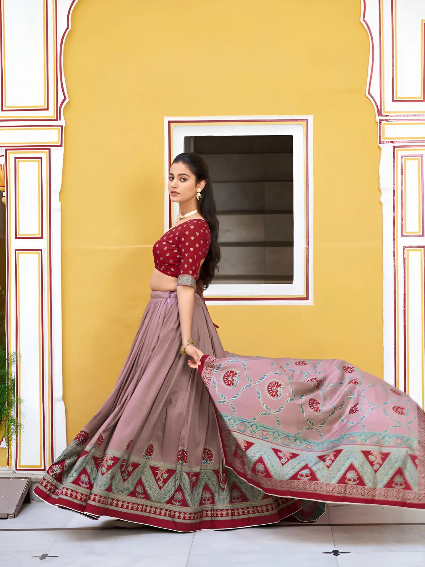 Red Tasar Silk Printed Lehenga Choli
