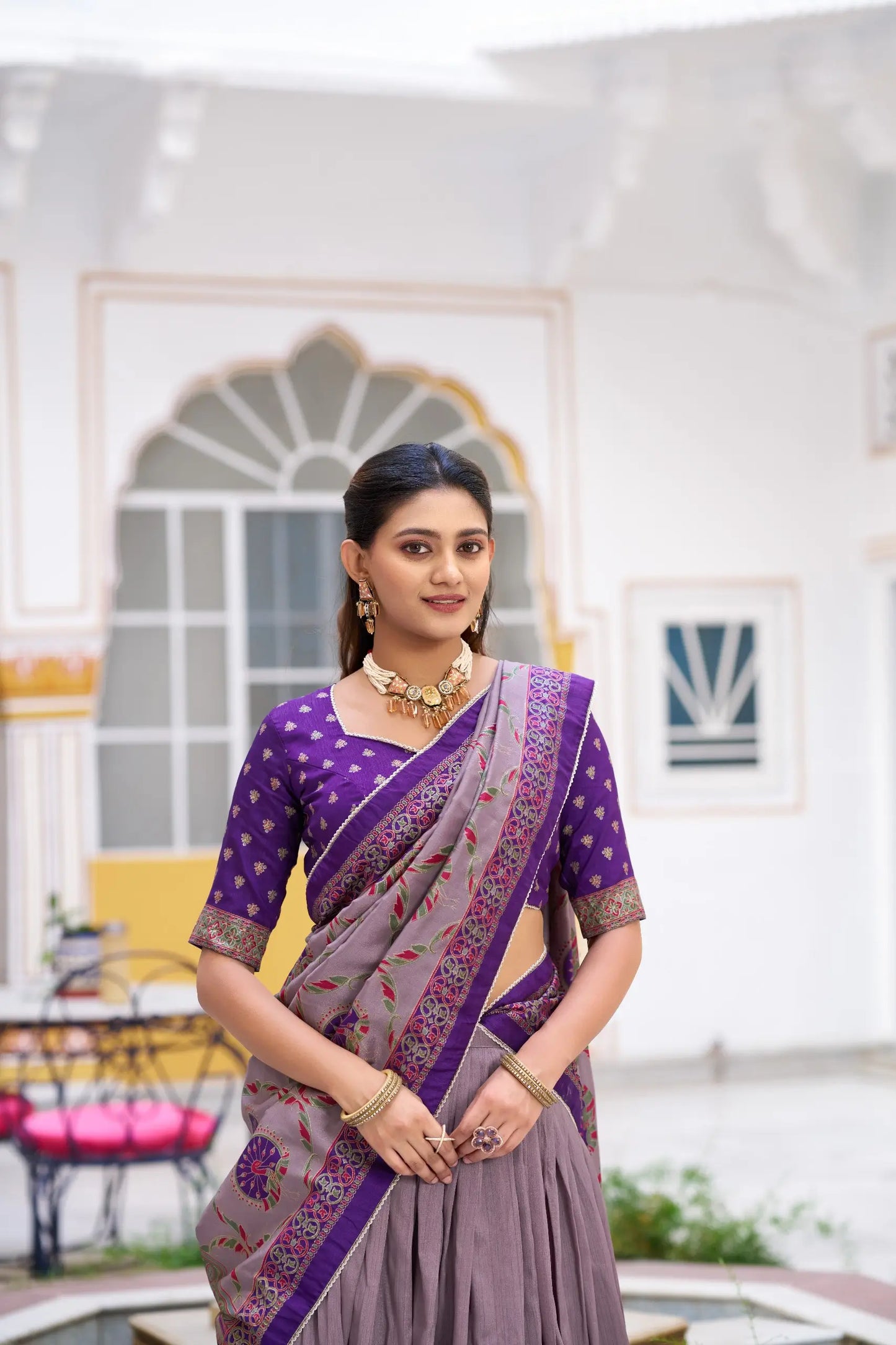 Purple Tasar Silk Printed Lehenga Choli