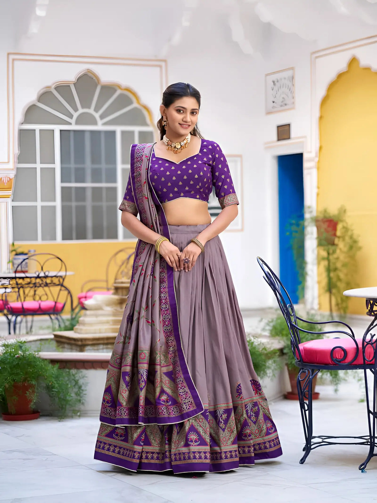 Purple Tasar Silk Printed Lehenga Choli