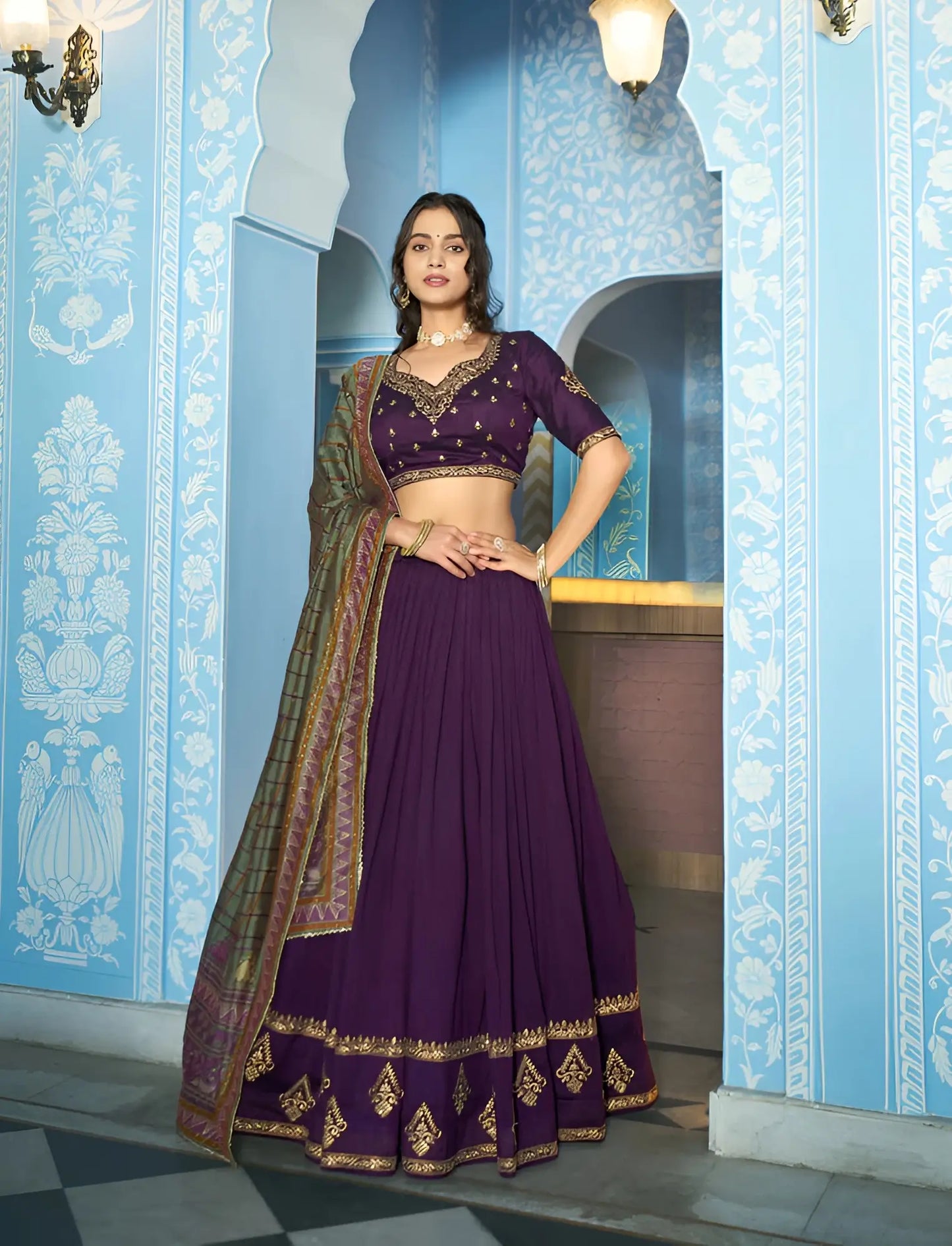 Deep Purple Silk Embroidery Lehenga Choli