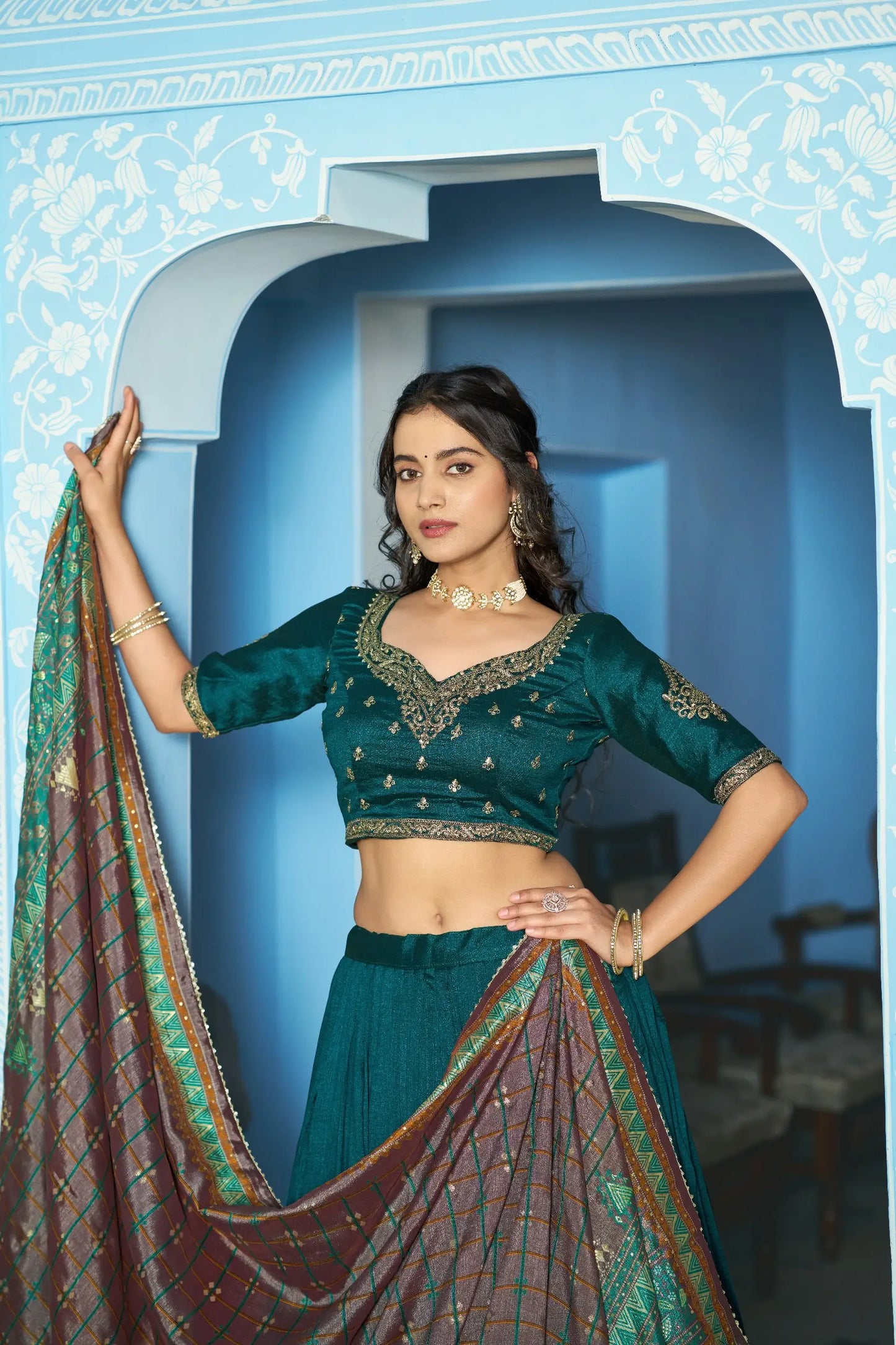 Teal Blue Silk Embroidery Lehenga Choli
