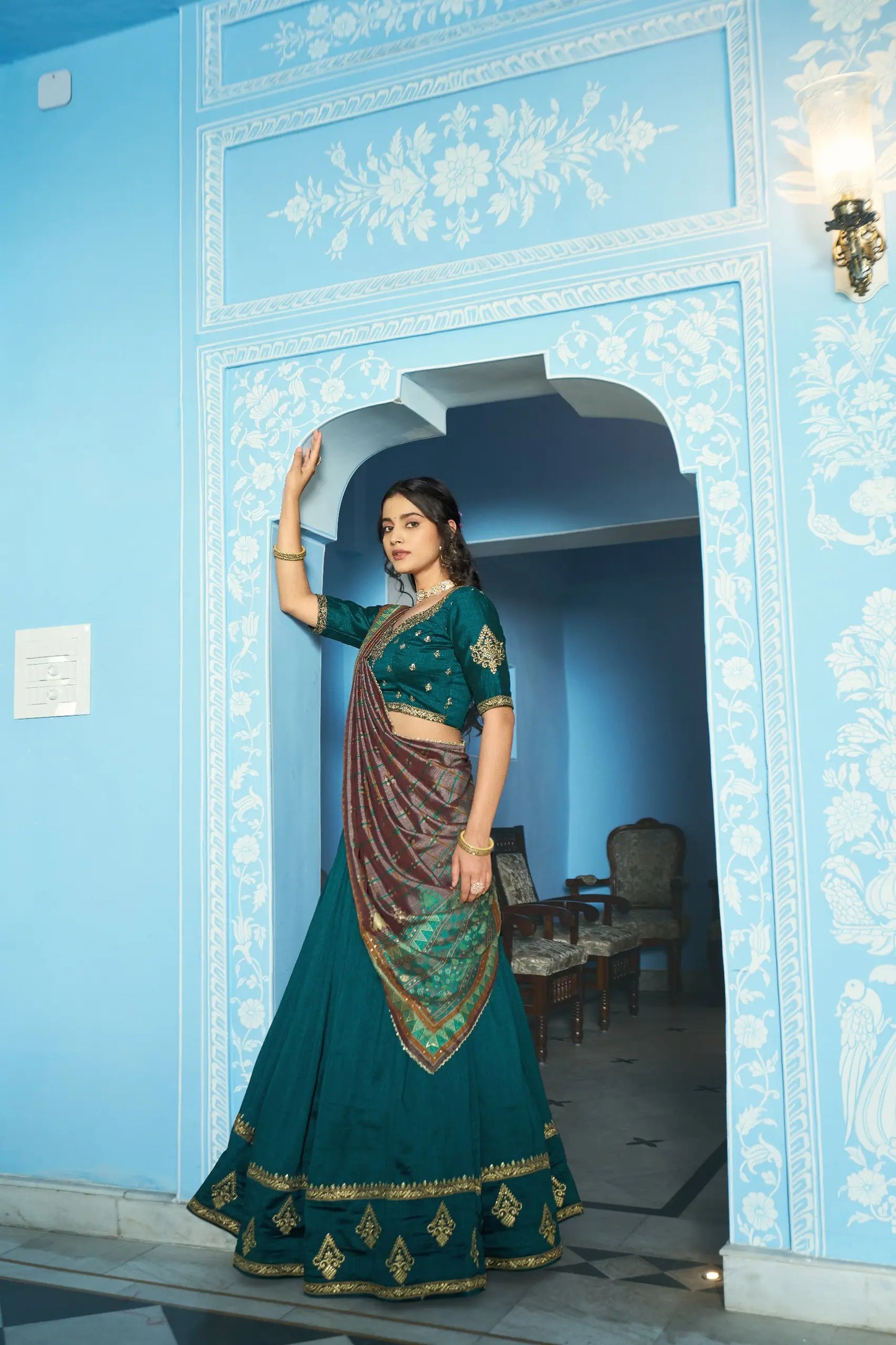 Teal Blue Silk Embroidery Lehenga Choli