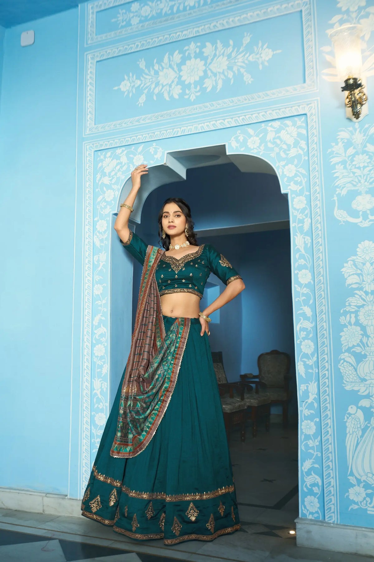 Teal Blue Silk Embroidery Lehenga Choli