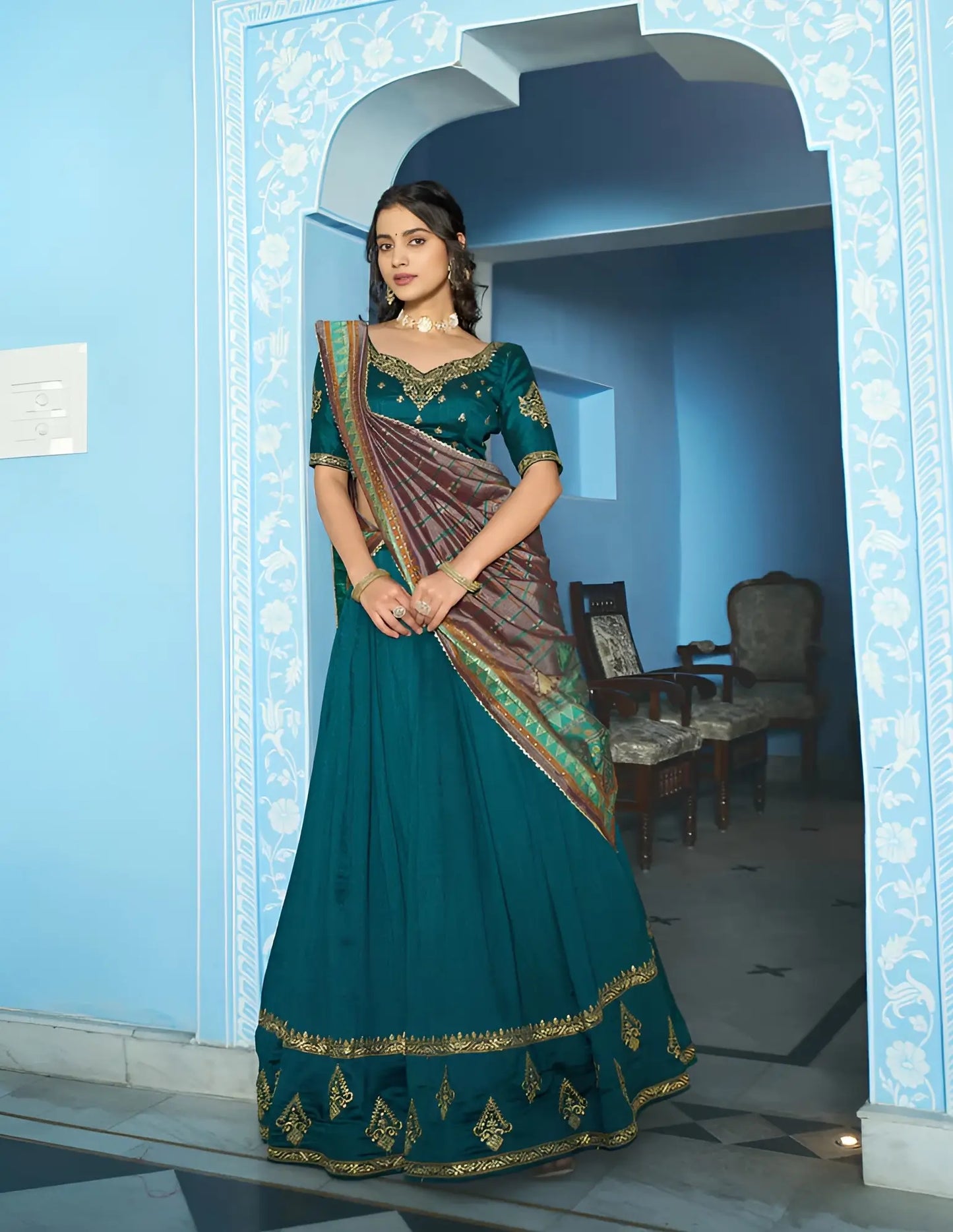 Teal Blue Silk Embroidery Lehenga Choli