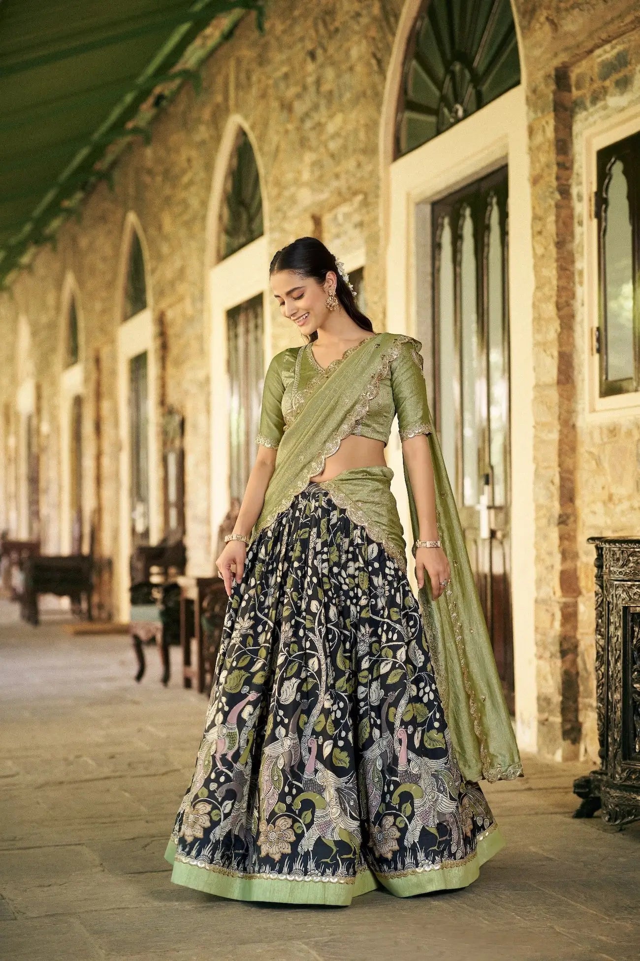 Smoky Black Kalamkari Lehenga Choli