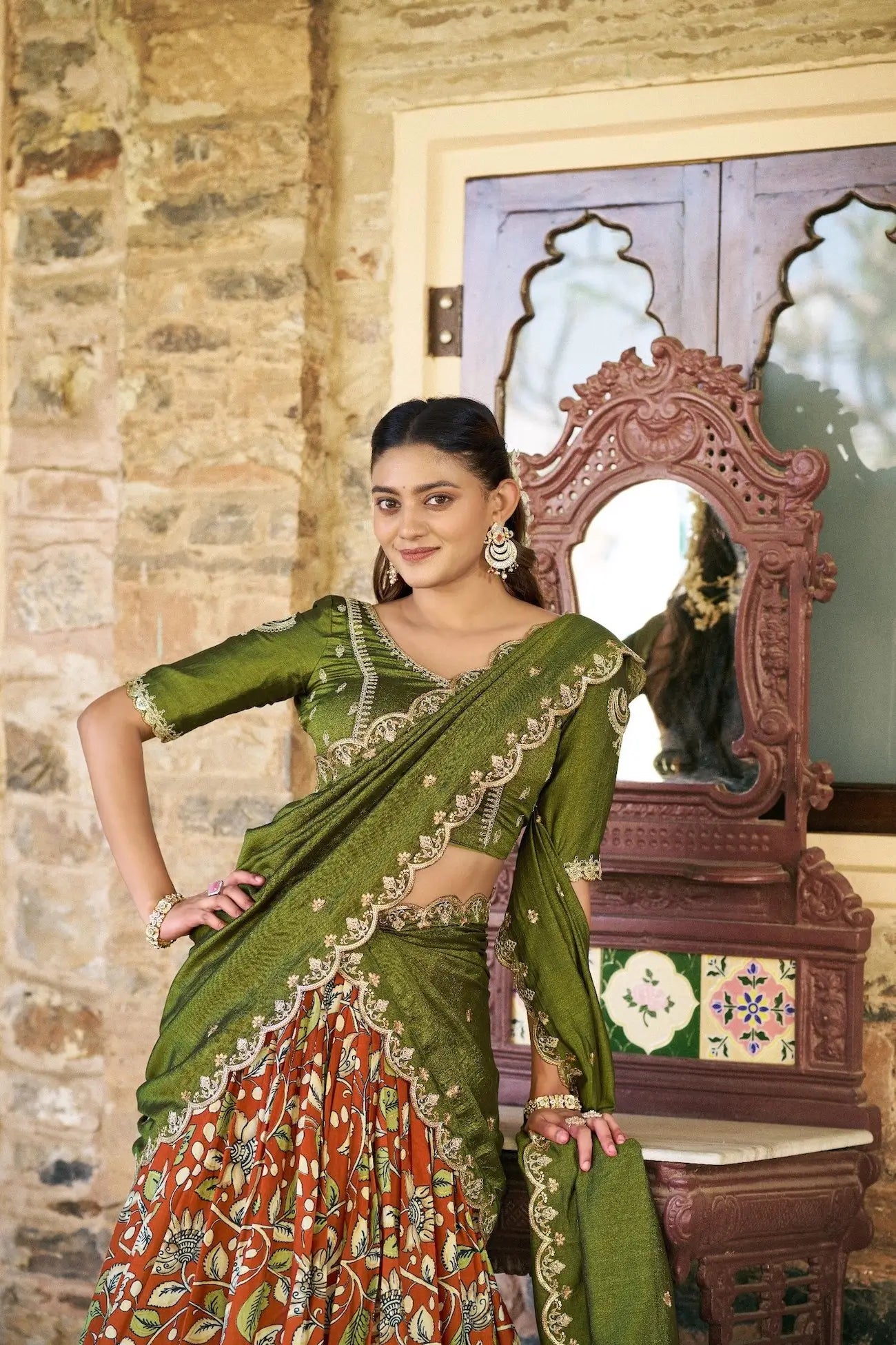 Rust Orange Kalamkari Lehenga Choli