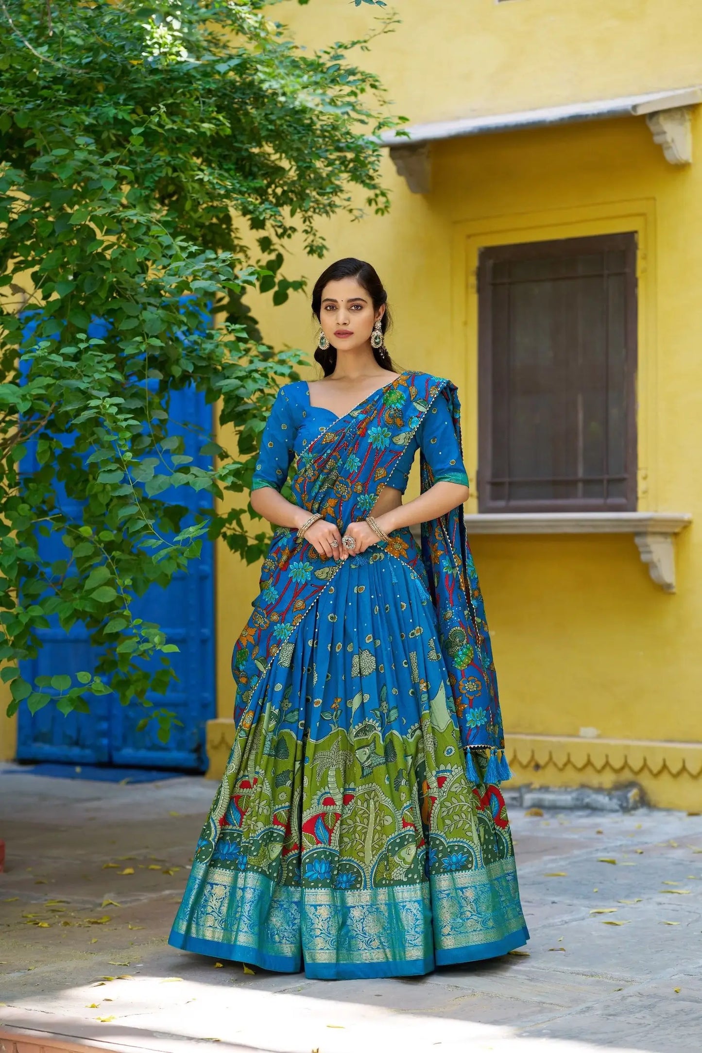 Venice Blue Tasar Silk Printed Lehenga Choli