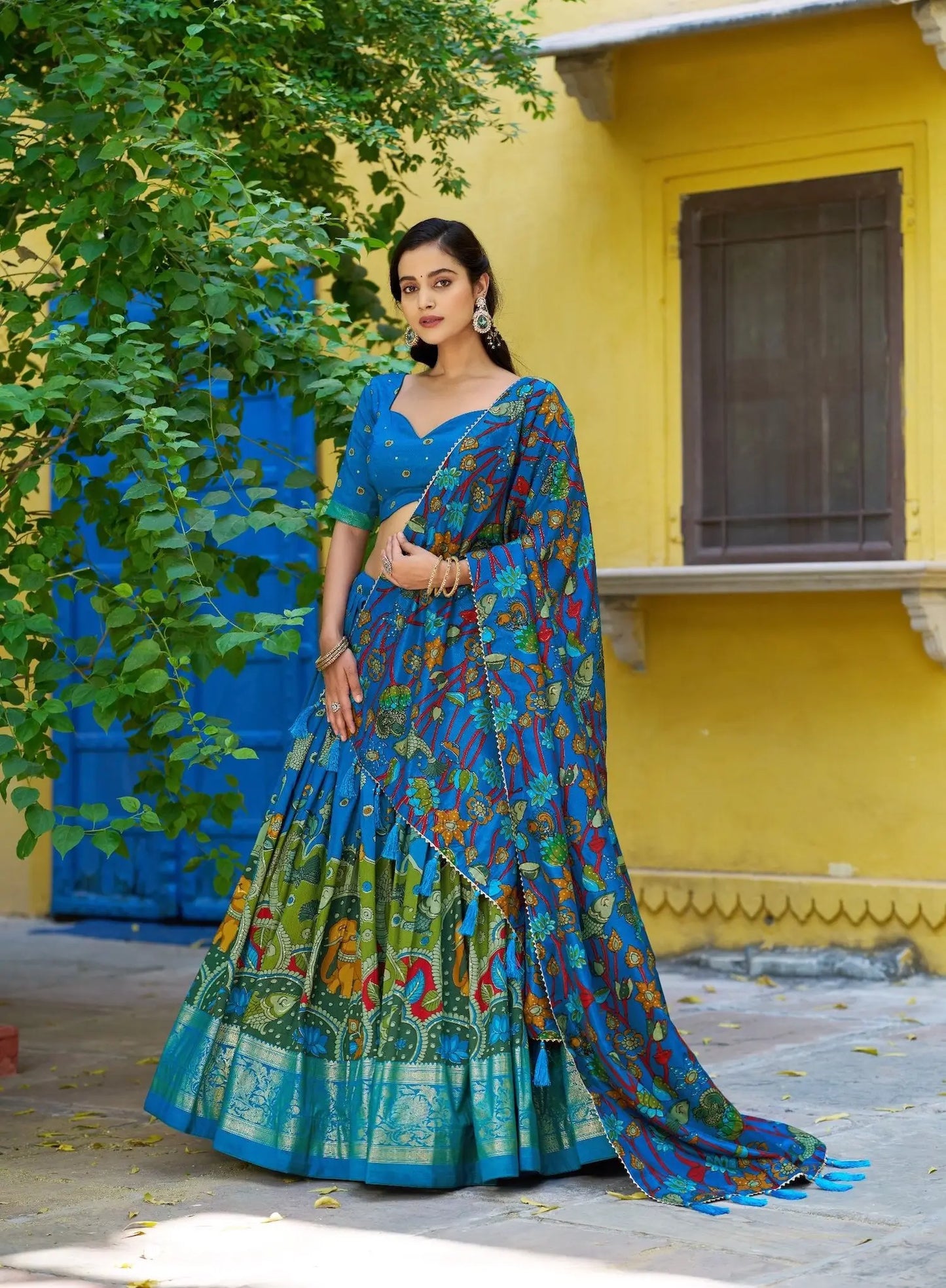 Venice Blue Tasar Silk Printed Lehenga Choli