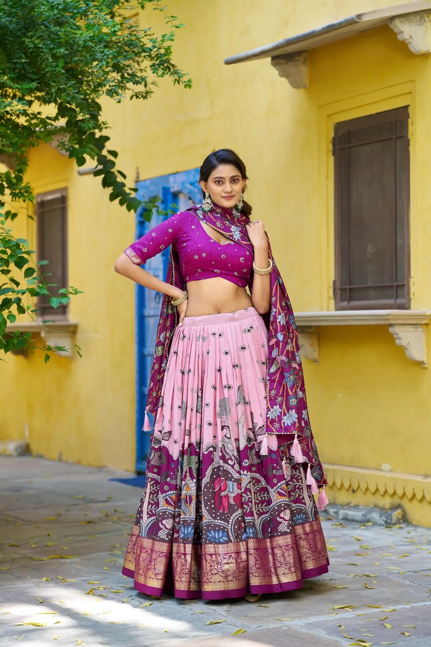 Candy Pink Tasar Silk Printed Lehenga Choli