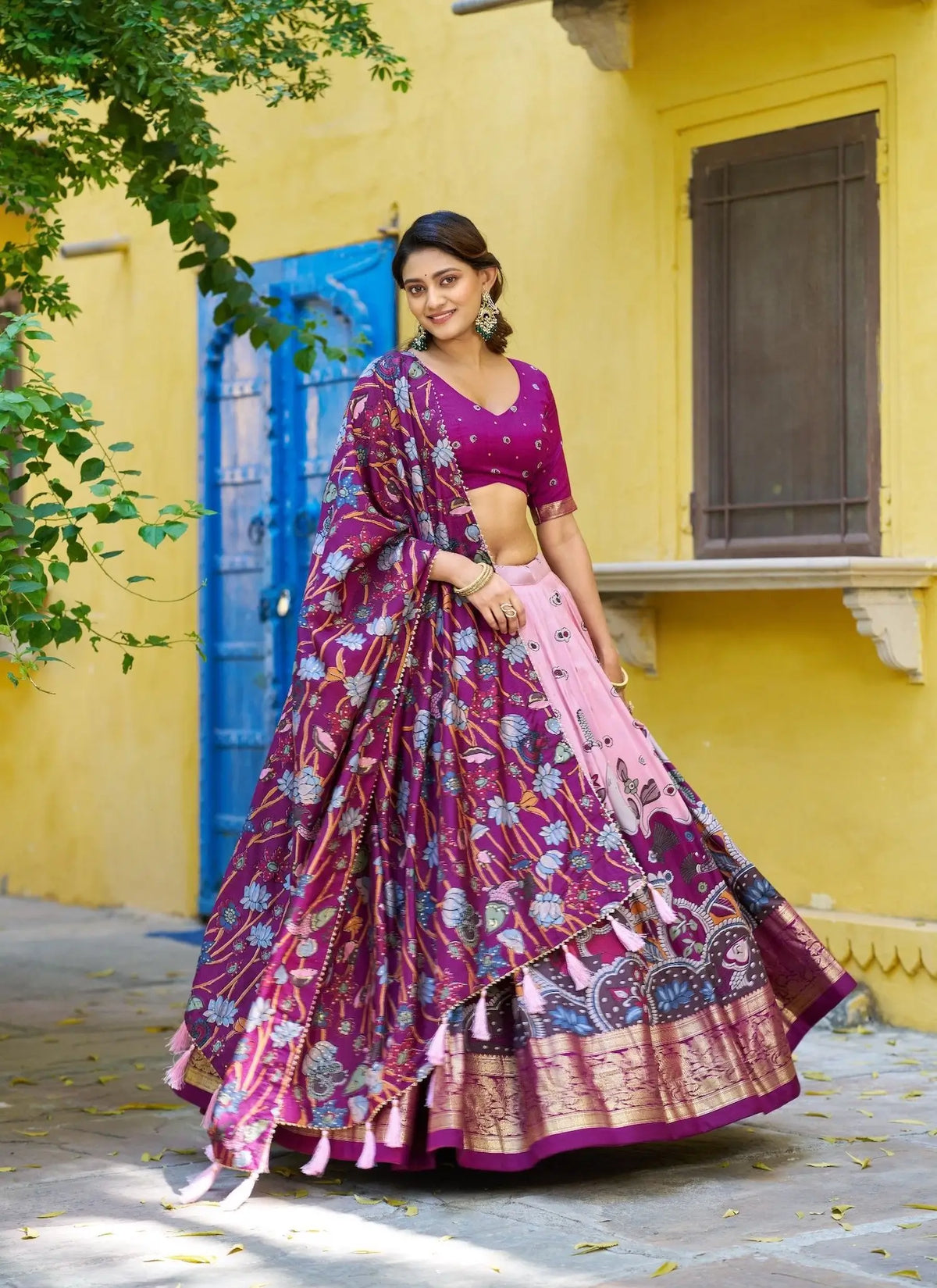 Candy Pink Tasar Silk Printed Lehenga Choli