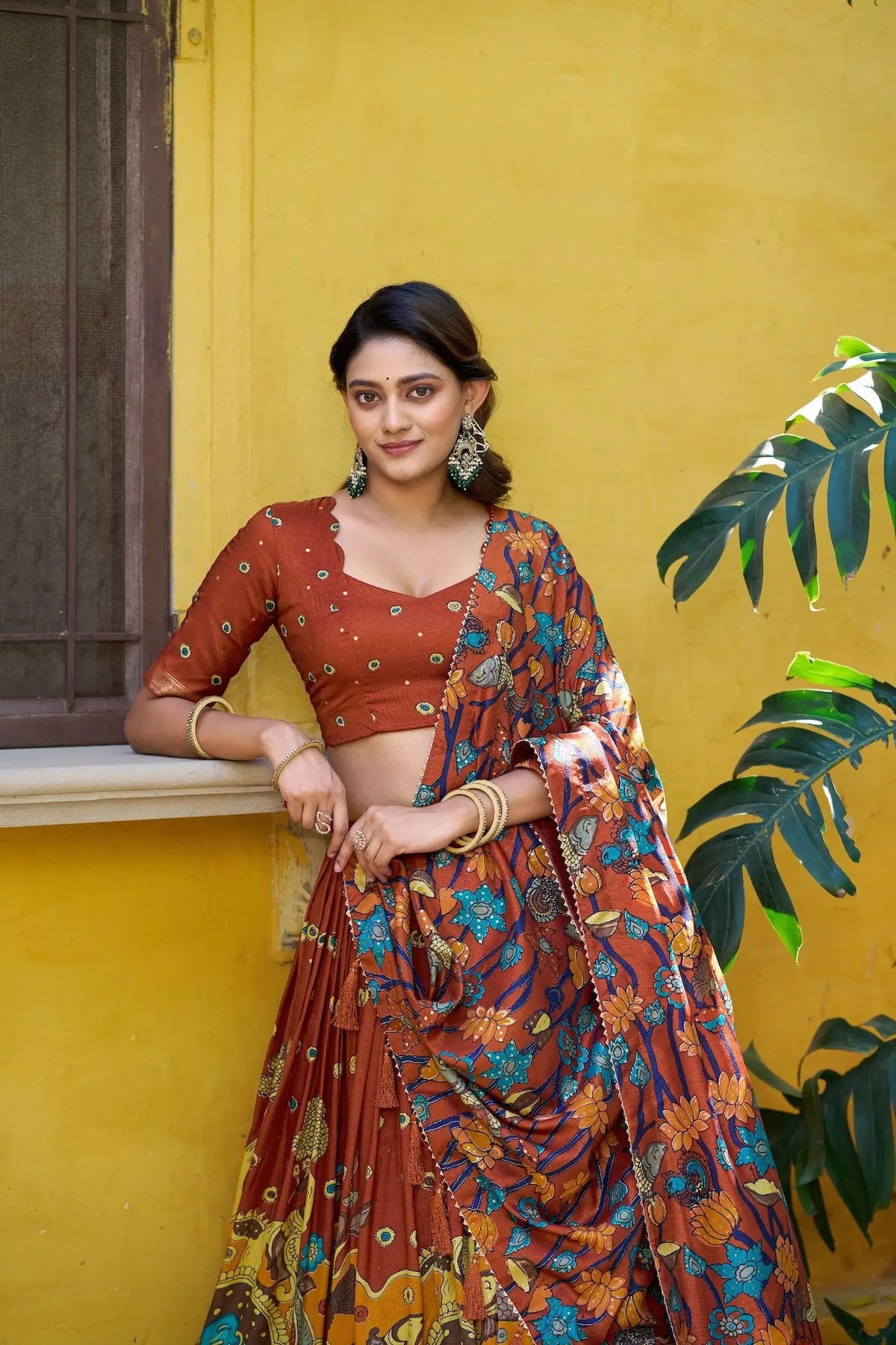 Rust Orange Tasar Silk Printed Lehenga Choli