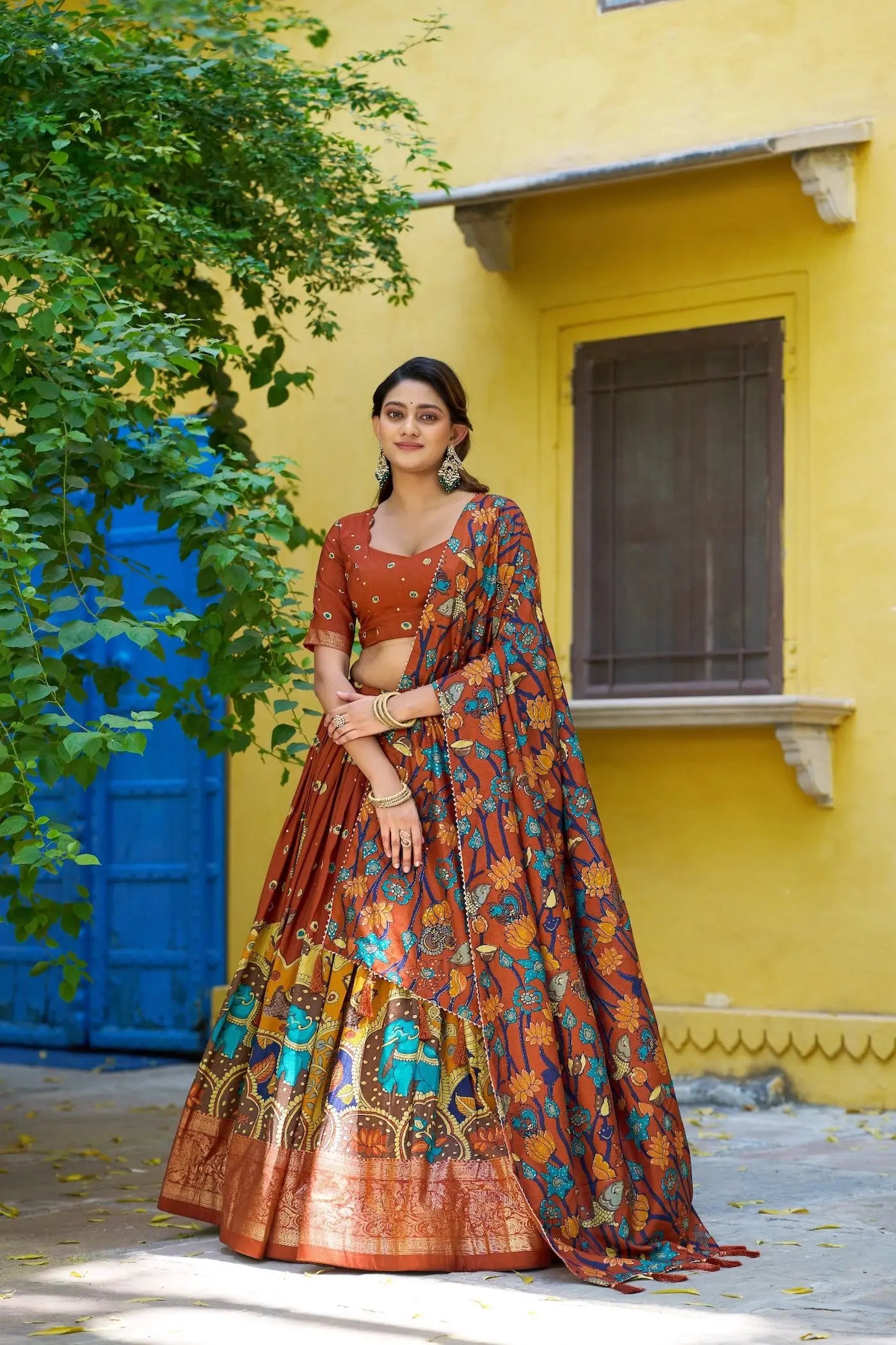 Rust Orange Tasar Silk Printed Lehenga Choli
