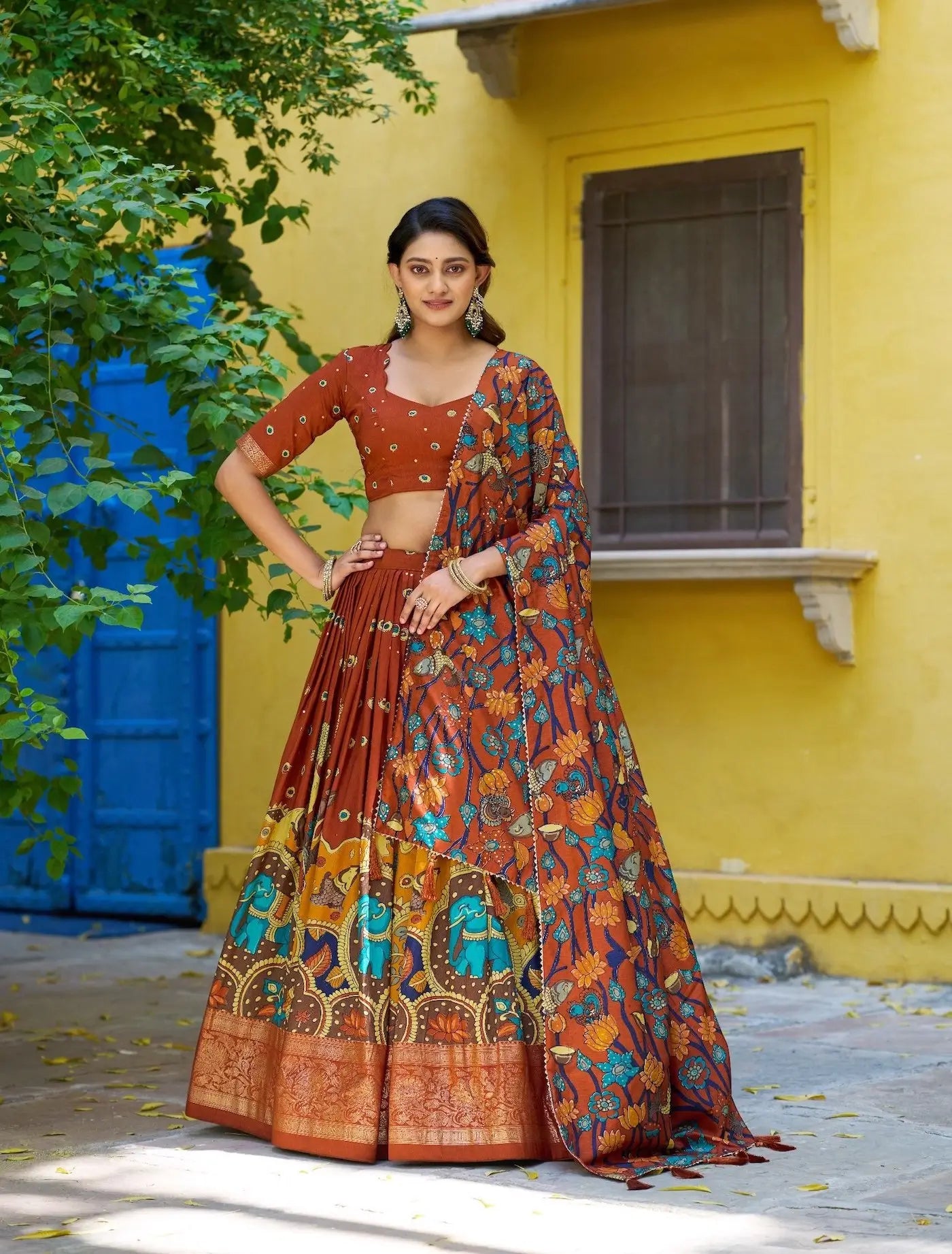 Rust Orange Tasar Silk Printed Lehenga Choli