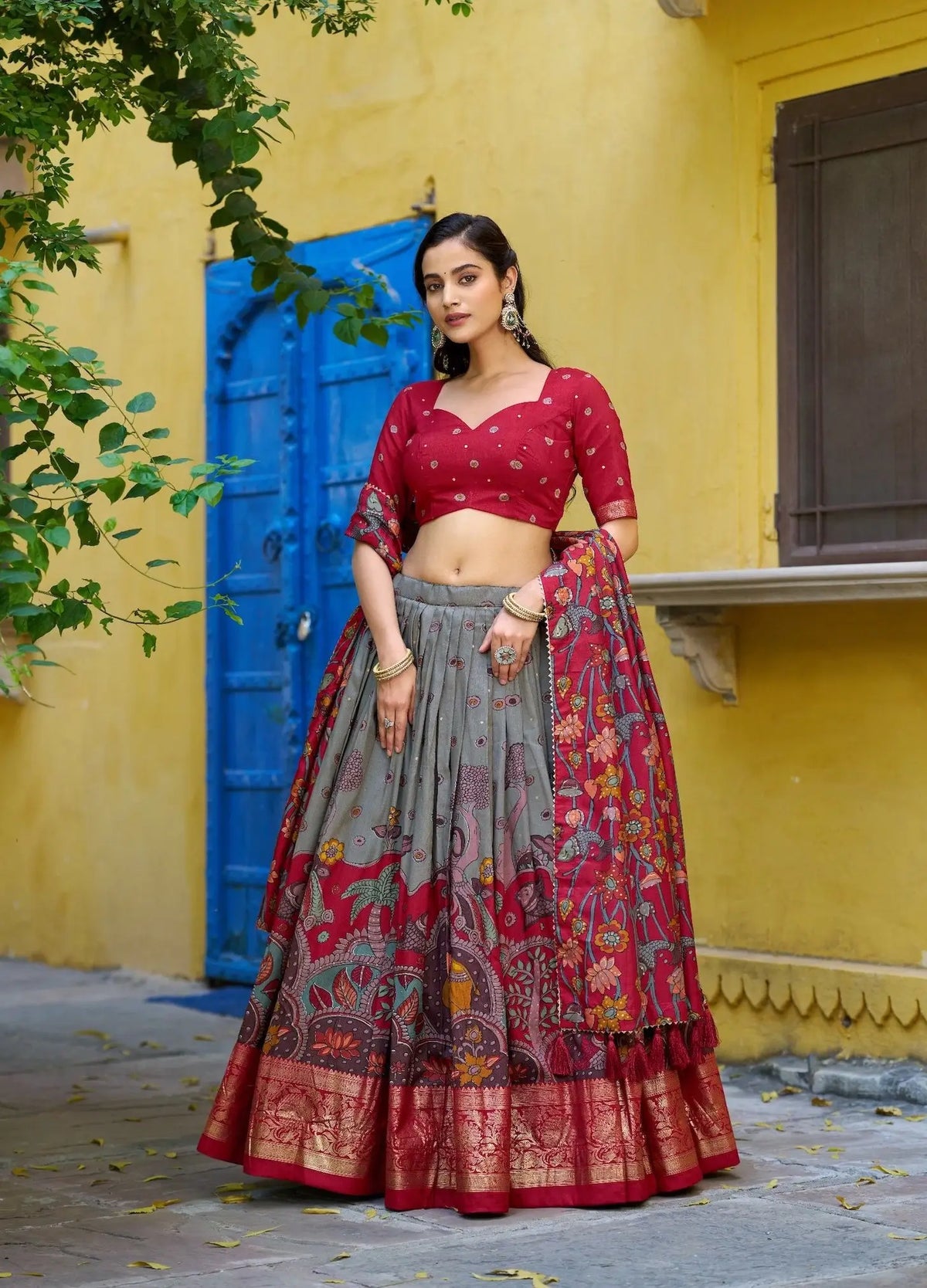 Sea Green Tasar Silk Printed Lehenga Choli