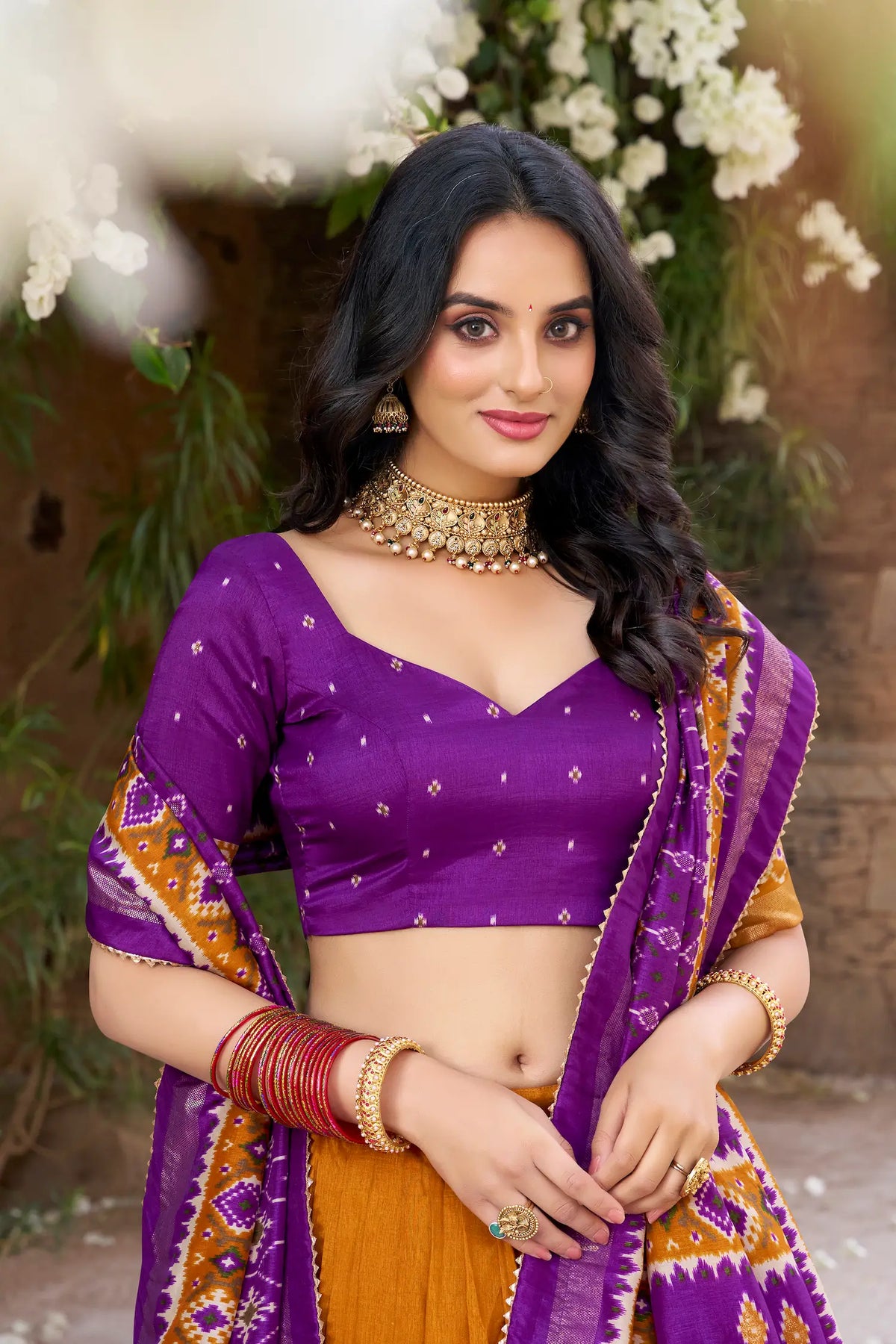 Mustard Tussar Silk Patola Print And Foil Work Lehenga Choli