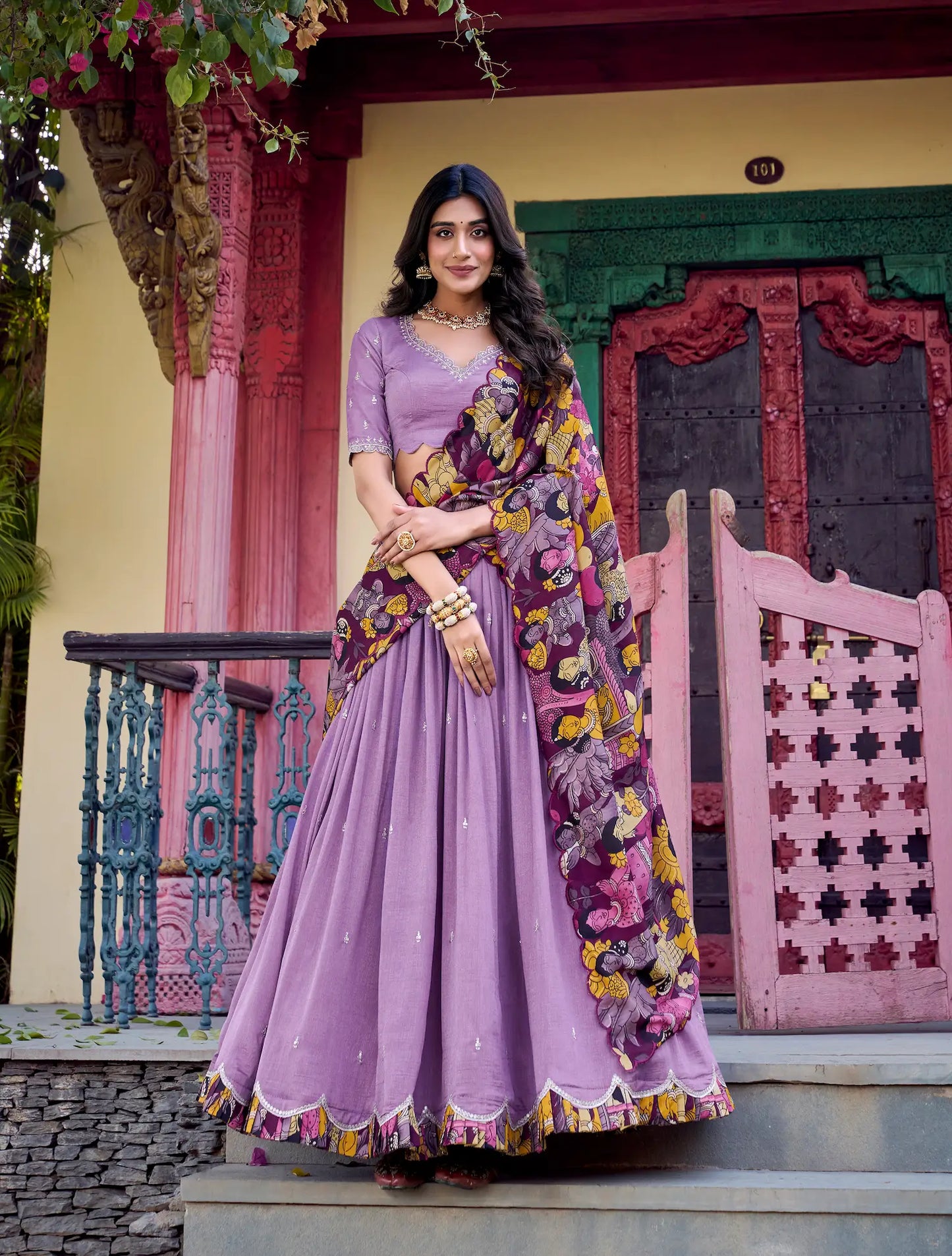 Lavender Vichitra Silk Lehenga Choli With Kalamkari Print & Thread, Sequins Embroidery
