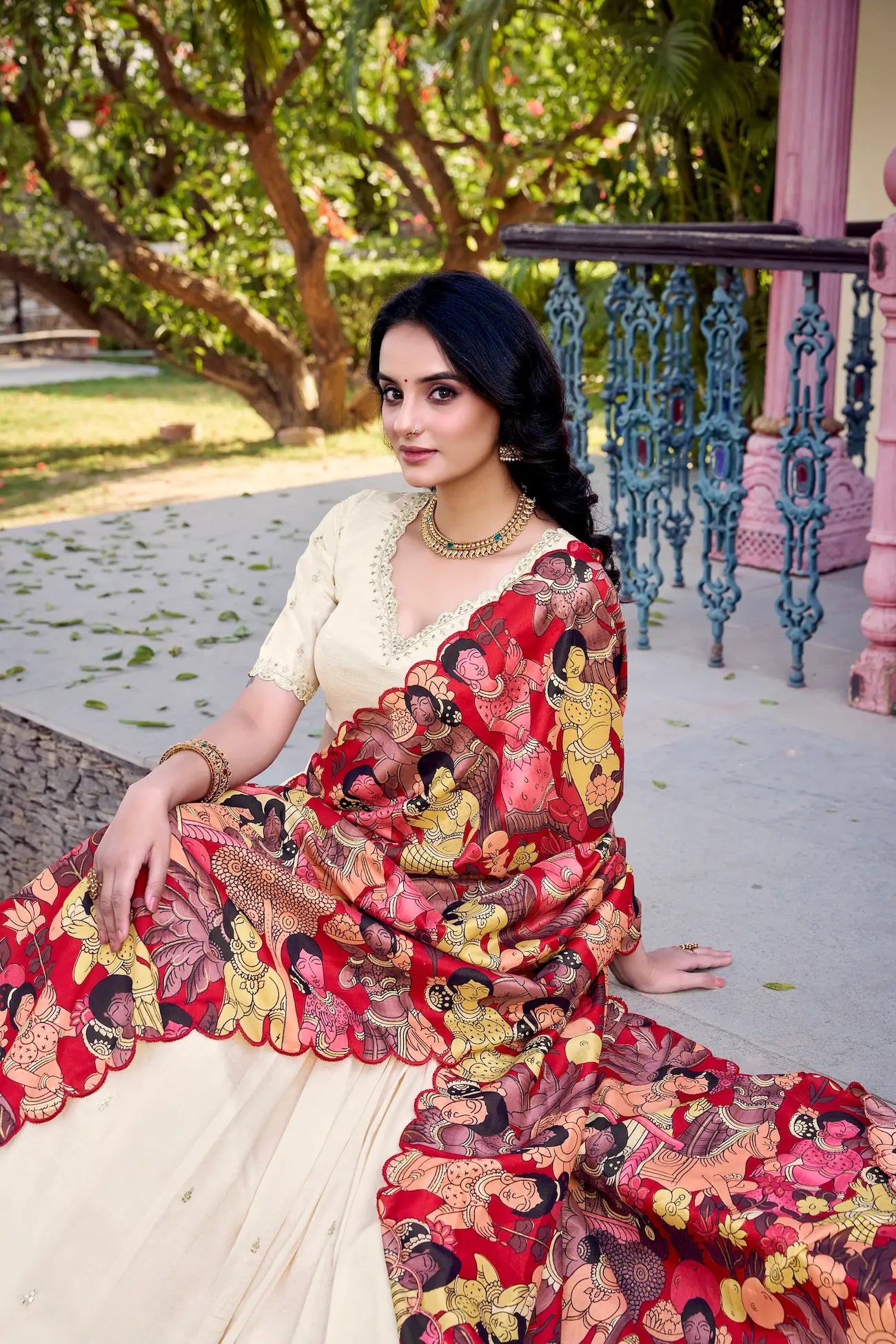 Beige Vichitra Silk Lehenga Choli With Kalamkari Print & Thread, Sequins Embroidery
