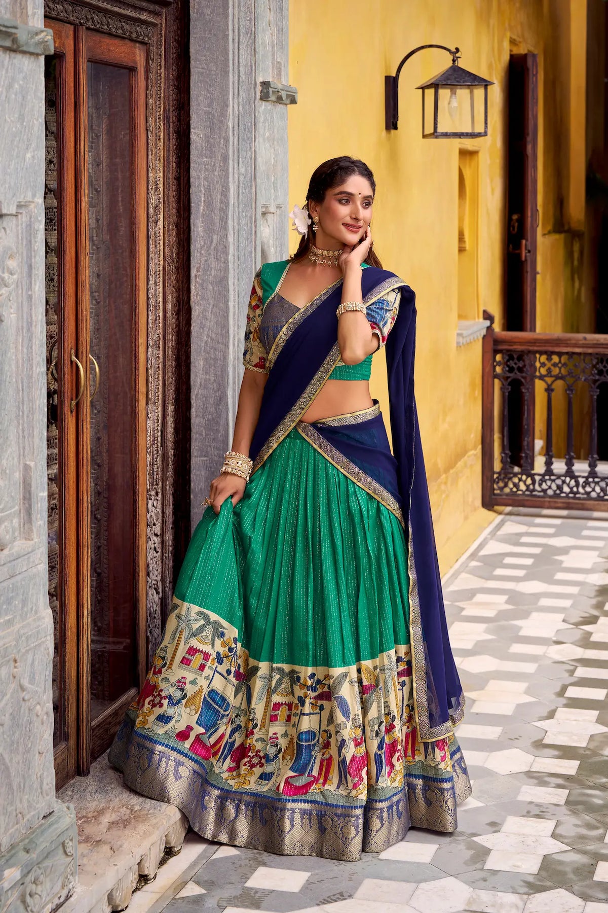 Teal Green Chanderi Lehenga Choli With Kalamkari Print & Zari Weaving Work
