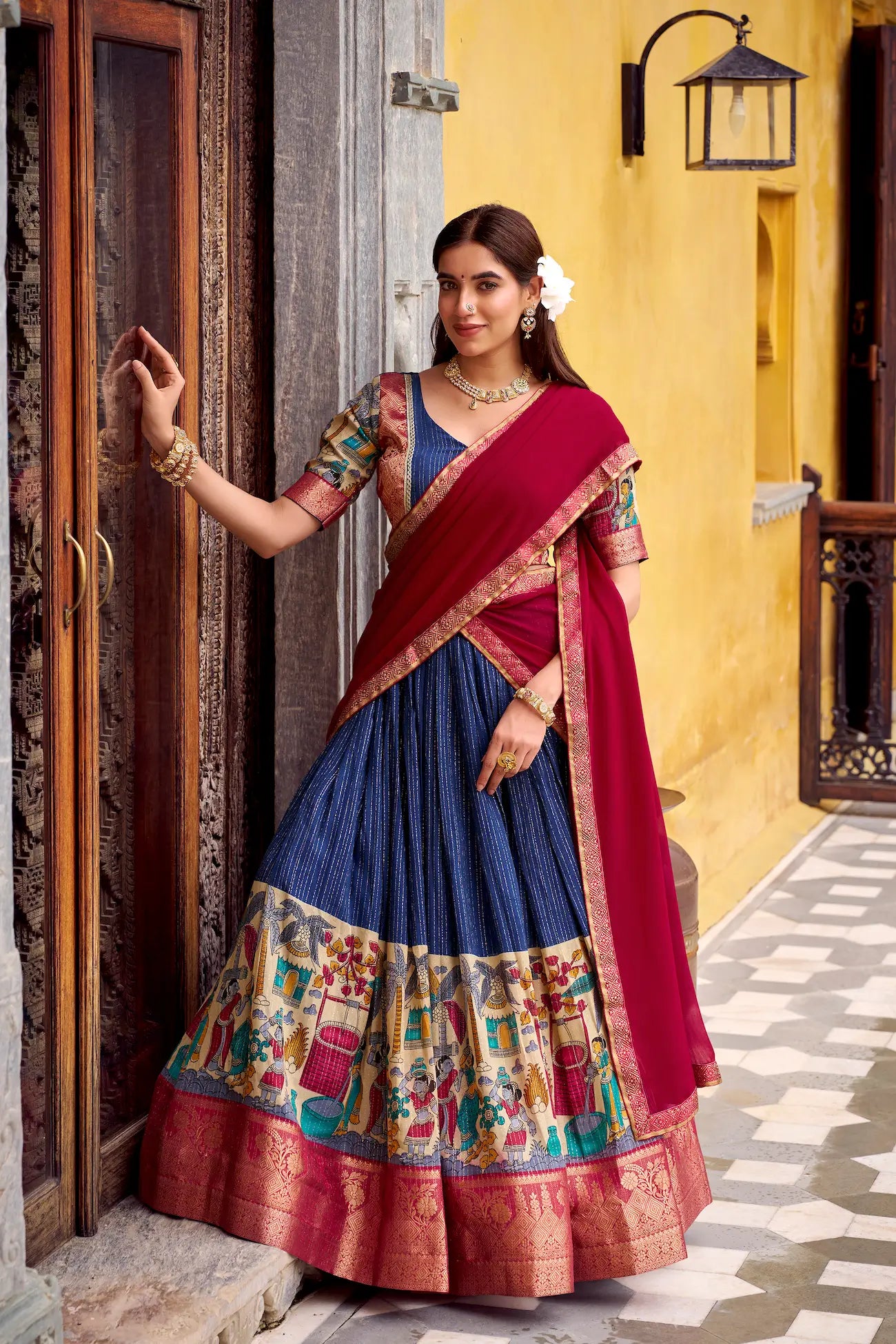 Navy Blue Chanderi Lehenga Choli With Kalamkari Print & Zari Weaving Work