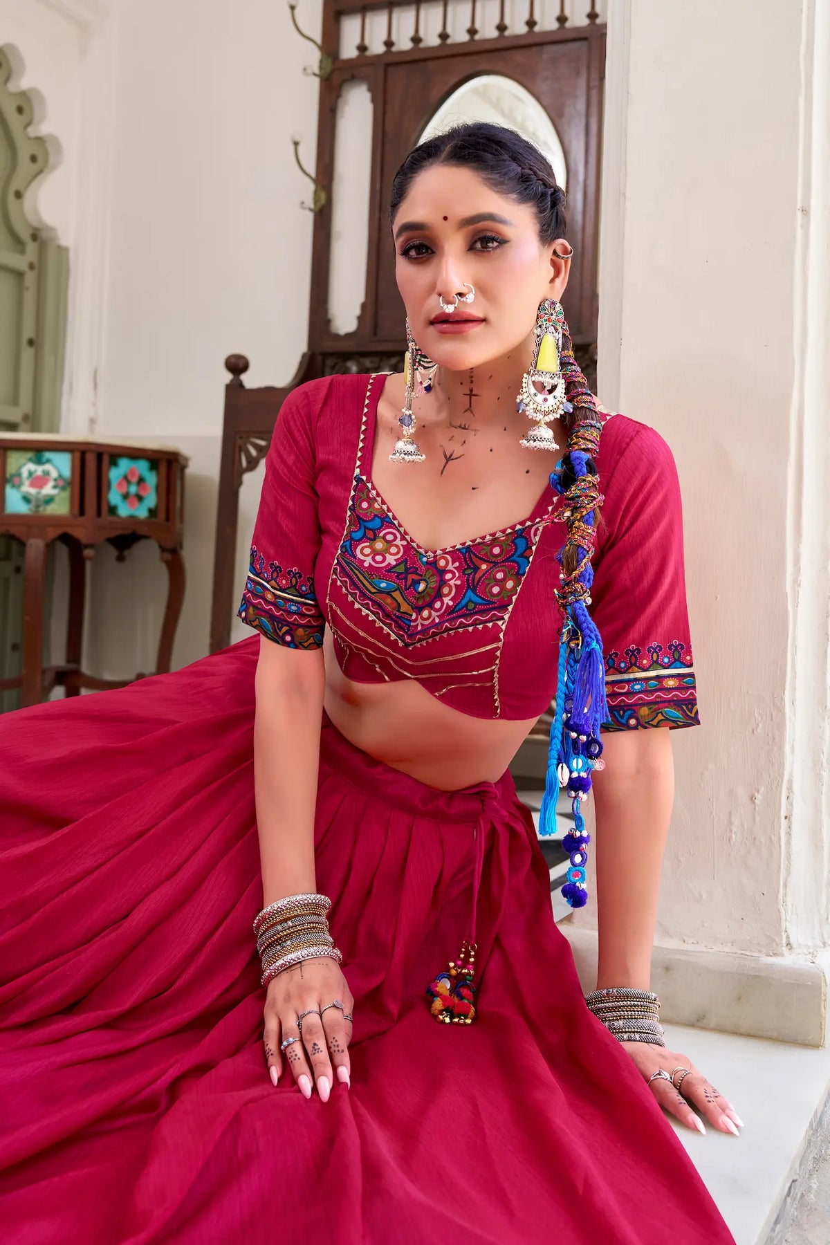 Dark Pink Tasar Silk Navratri Lehenga Choli With Gamthi Print & Lace Touch Up