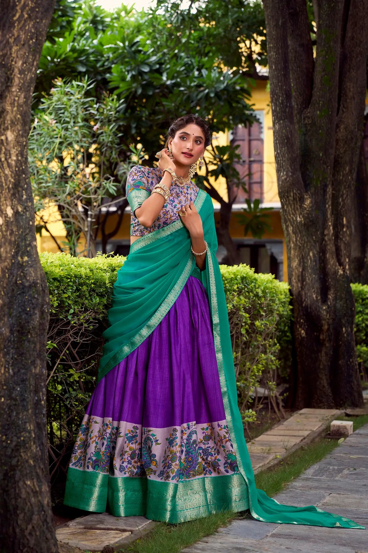Indigo Purple Printed & Zari Weaving Silk Lehenga Choli