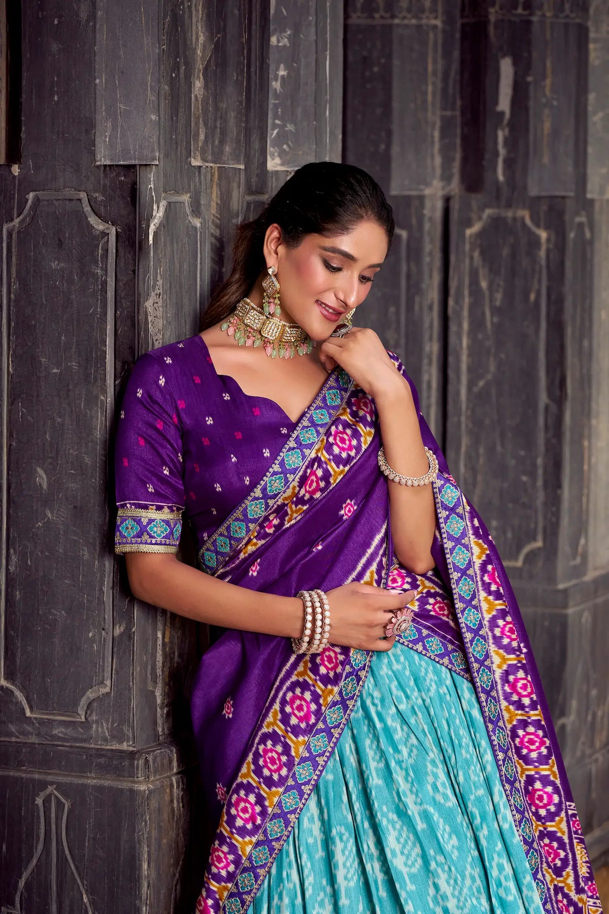 Sea Blue Tussar Silk Ikkat Printed Lehenga Choli