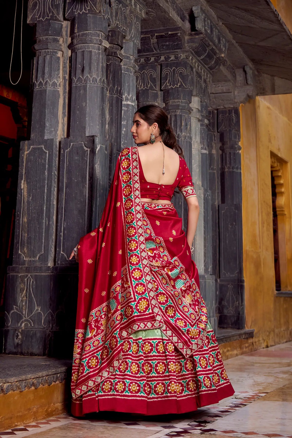 Sea Green Tussar Silk Ikkat Printed Lehenga Choli