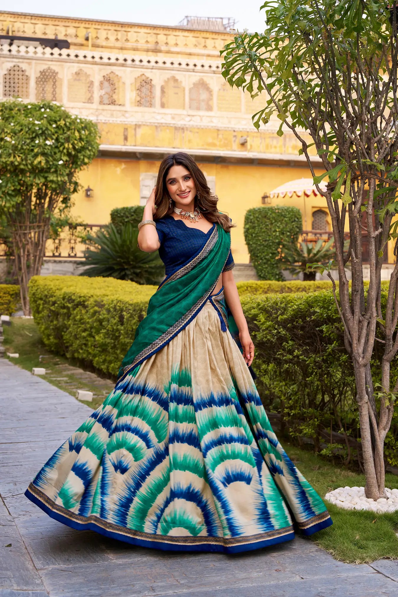 Navy Blue Tasar Silk Printed Lehenga Choli
