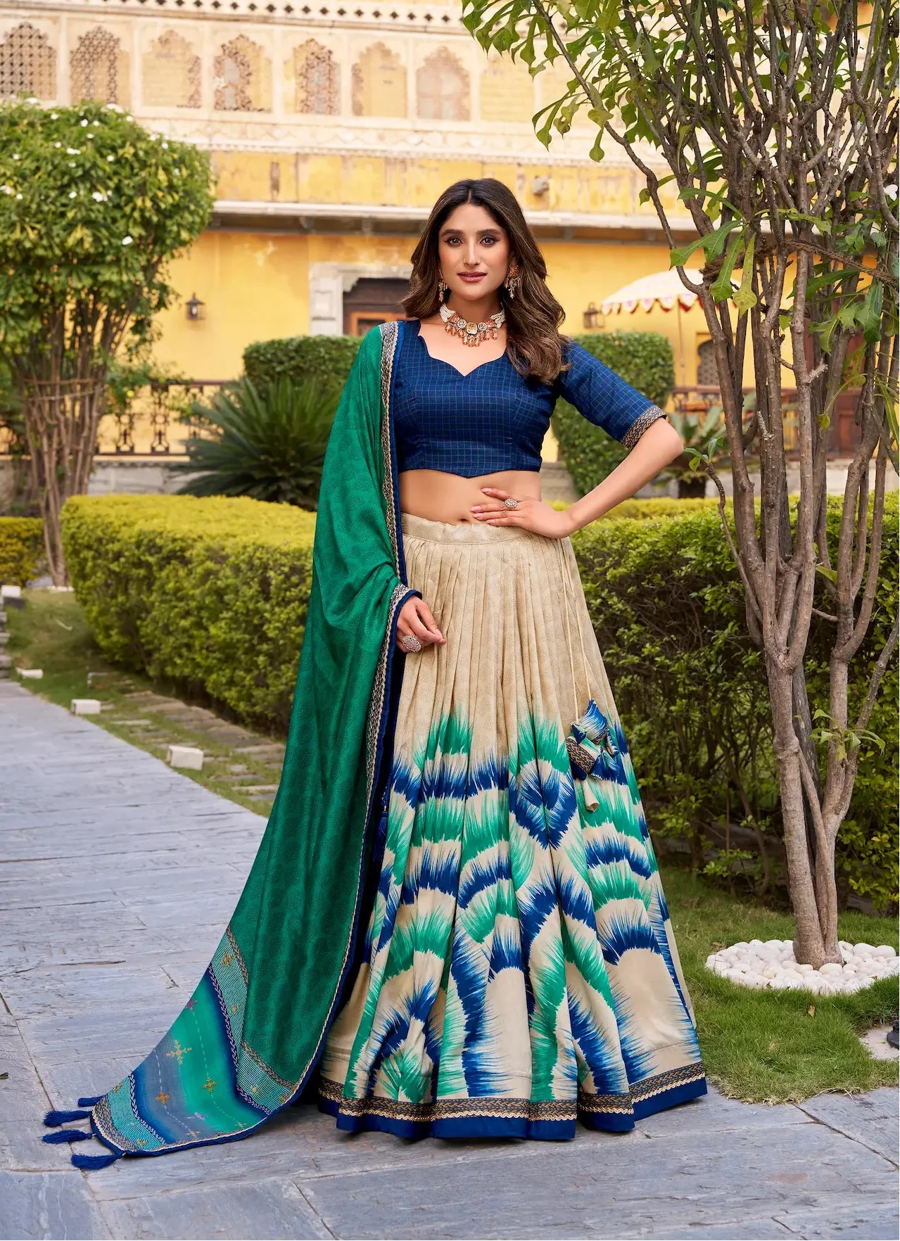 Navy Blue Tasar Silk Printed Lehenga Choli