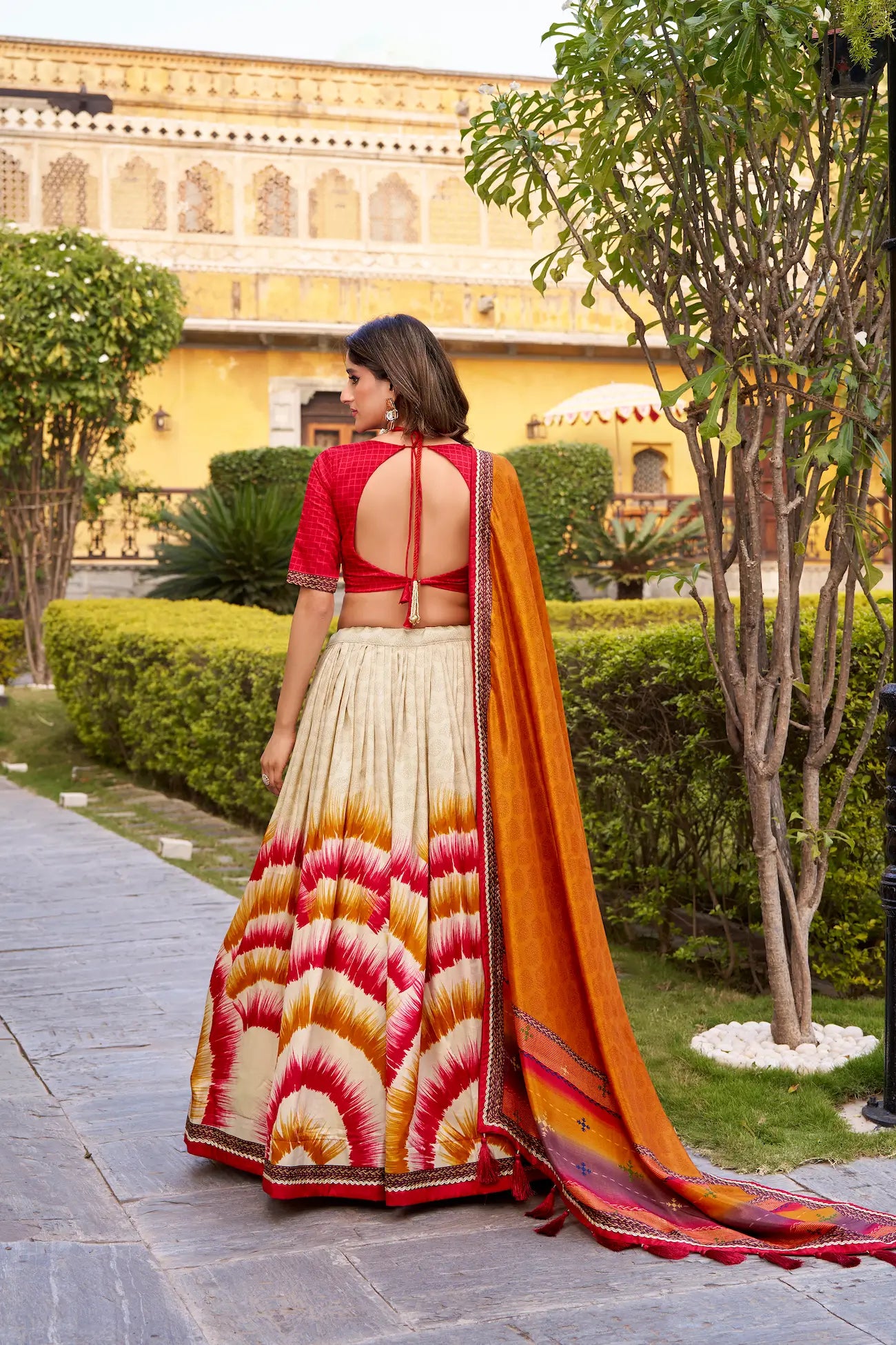 Bright Red Tasar Silk Printed Lehenga Choli