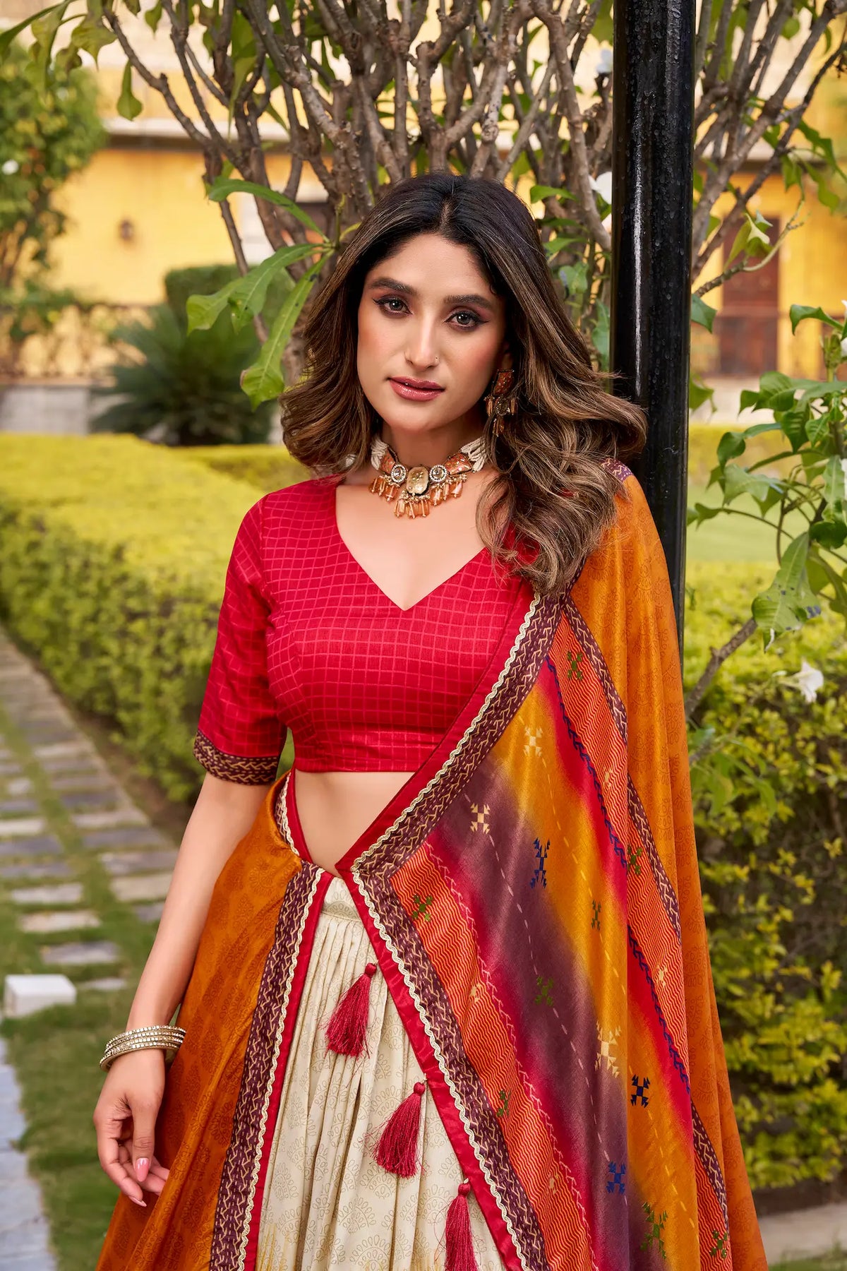 Bright Red Tasar Silk Printed Lehenga Choli