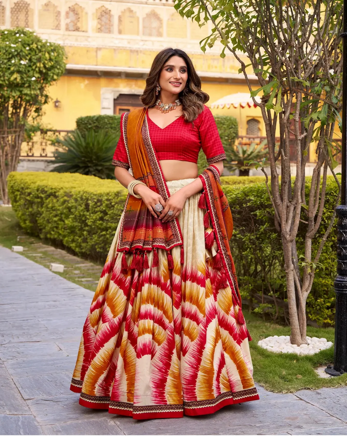 Bright Red Tasar Silk Printed Lehenga Choli