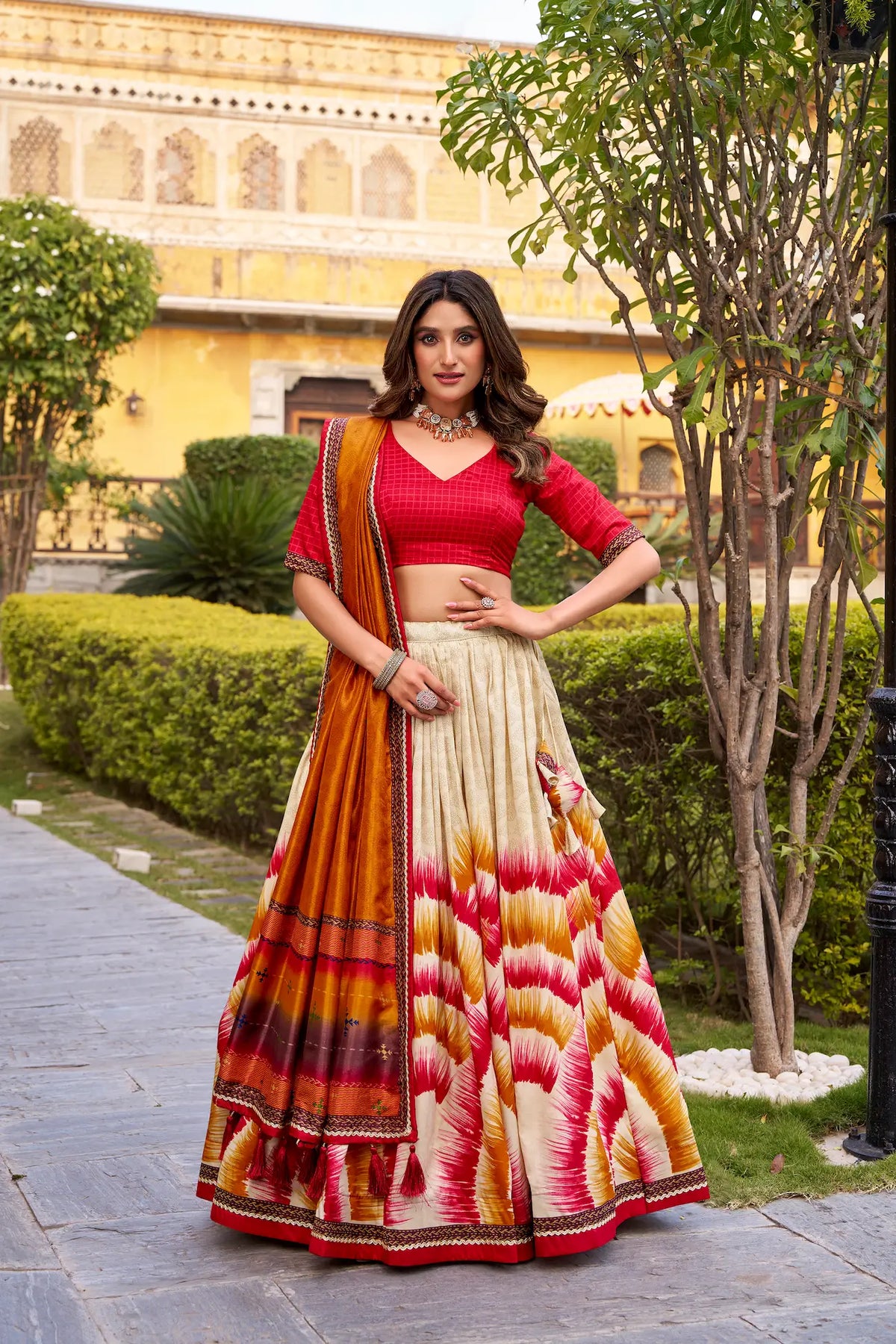 Bright Red Tasar Silk Printed Lehenga Choli