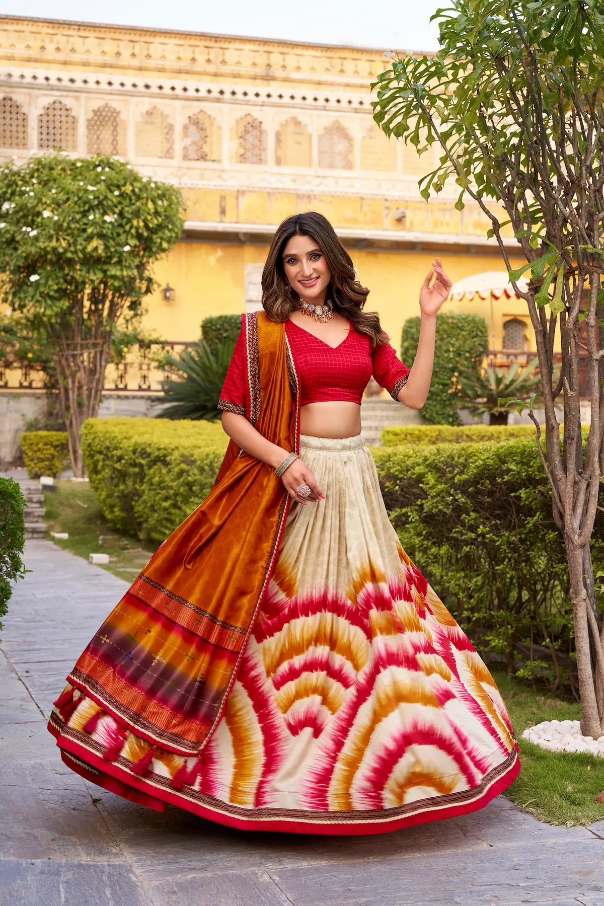 Bright Red Tasar Silk Printed Lehenga Choli