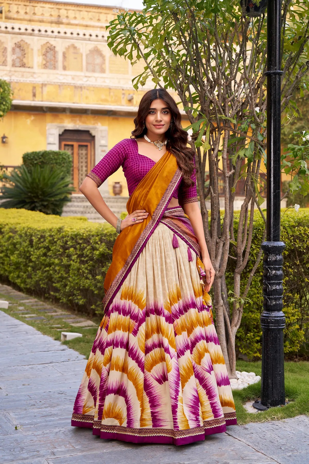 Berry Wine Tasar Silk Printed Lehenga Choli