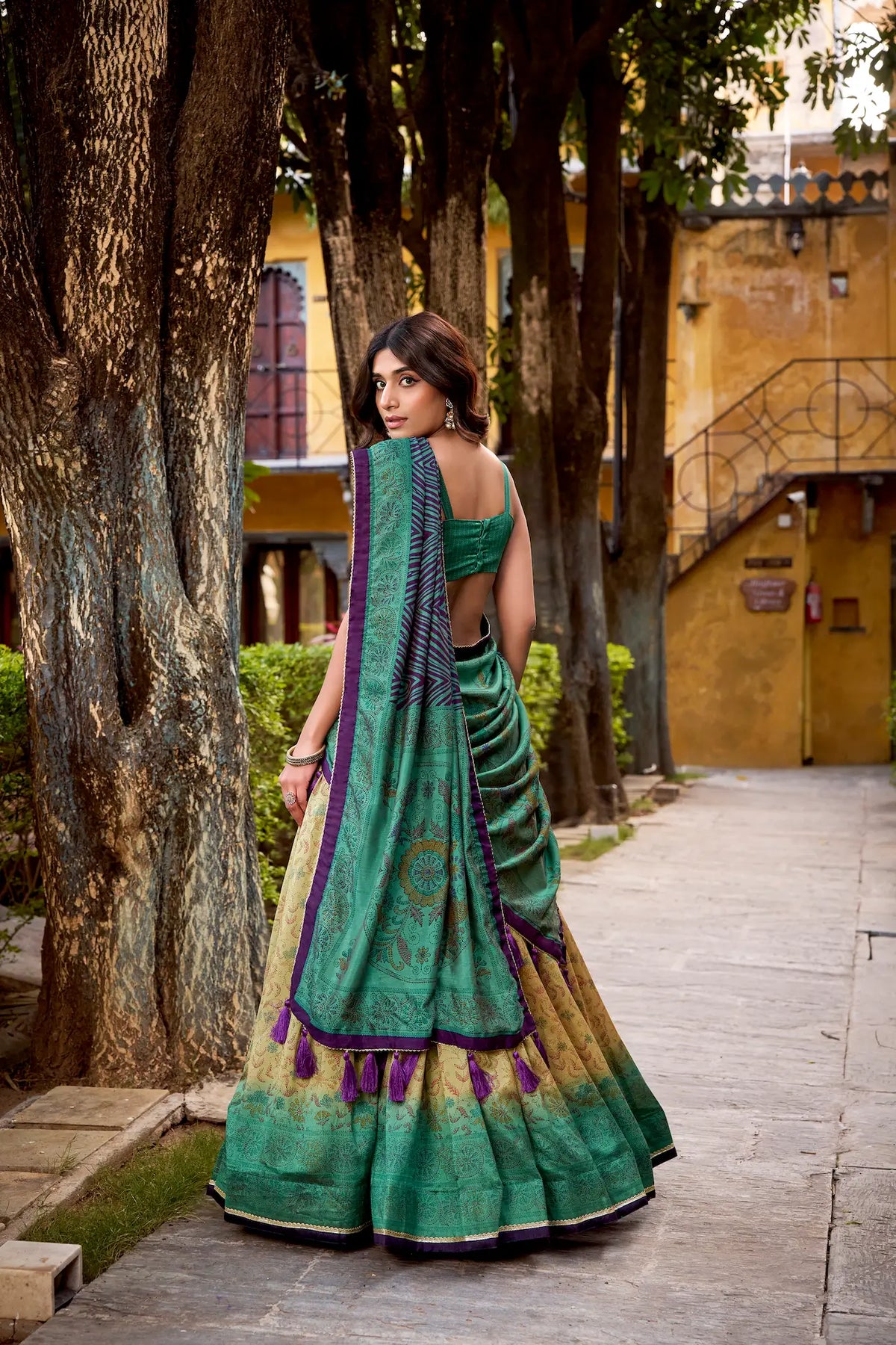 Firozi-Beige Vichitra Silk Printed Lehenga Choli