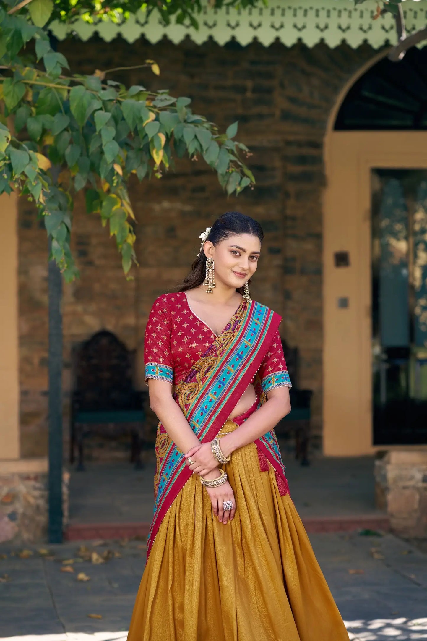 Mustard Tasar Silk Printed Lehenga Choli