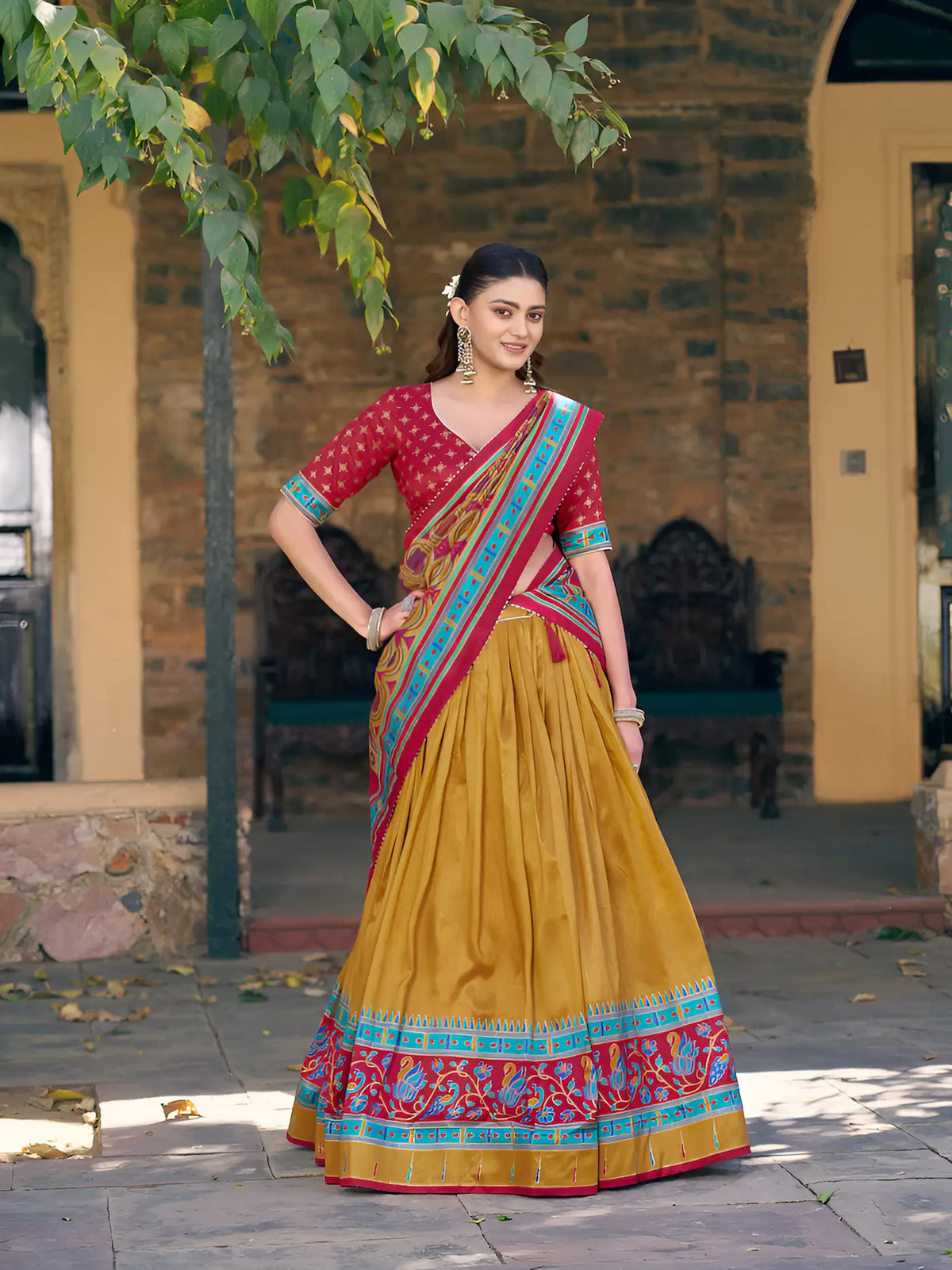 Mustard Tasar Silk Printed Lehenga Choli