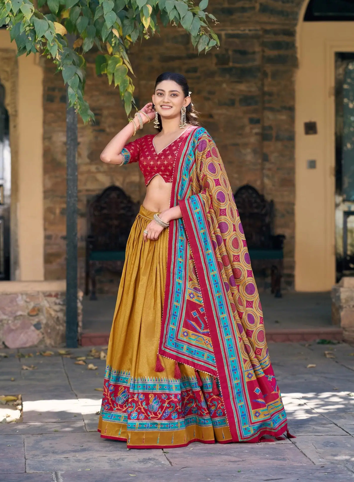 Mustard Tasar Silk Printed Lehenga Choli
