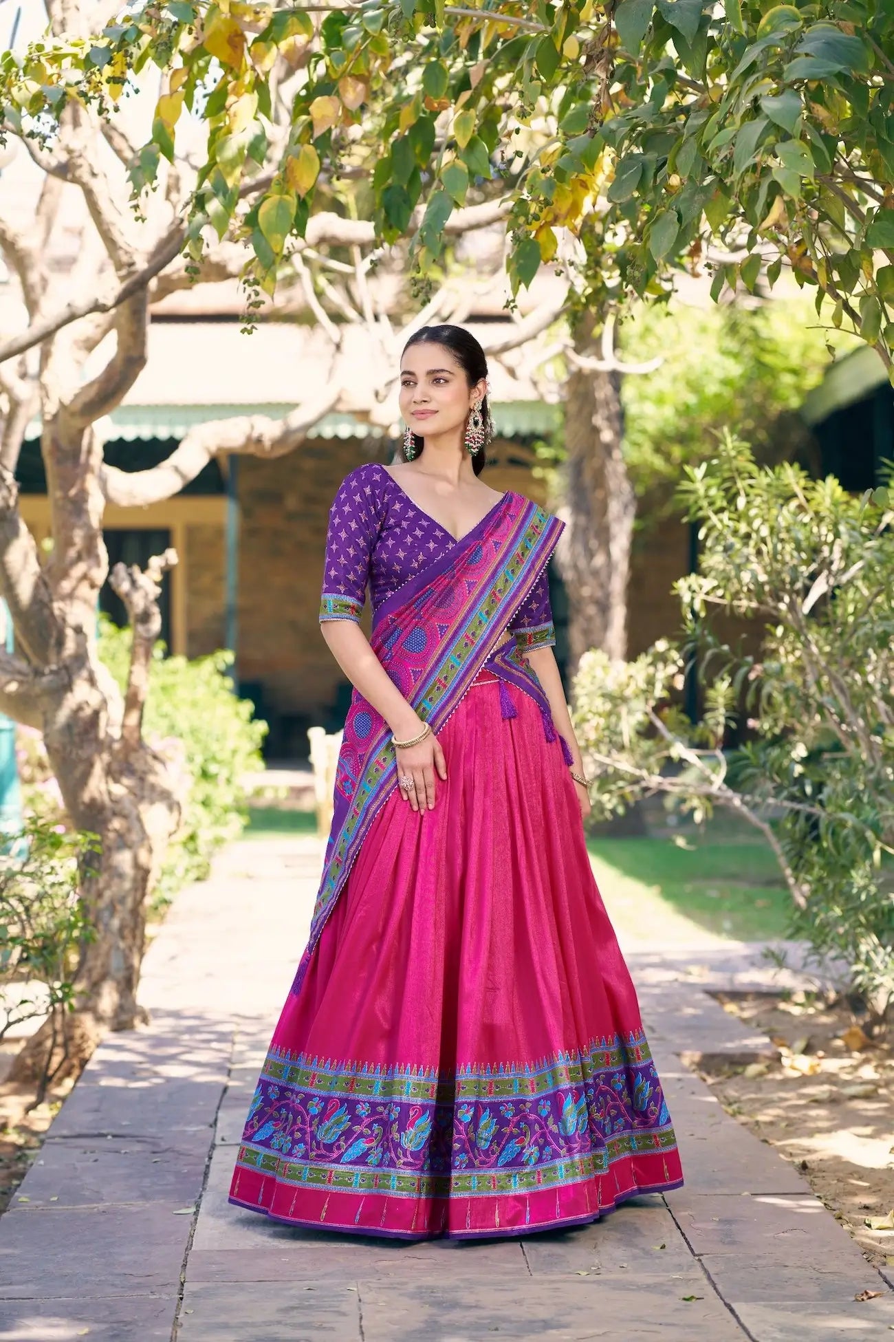 Rani Pink Tasar Silk Printed Lehenga Choli