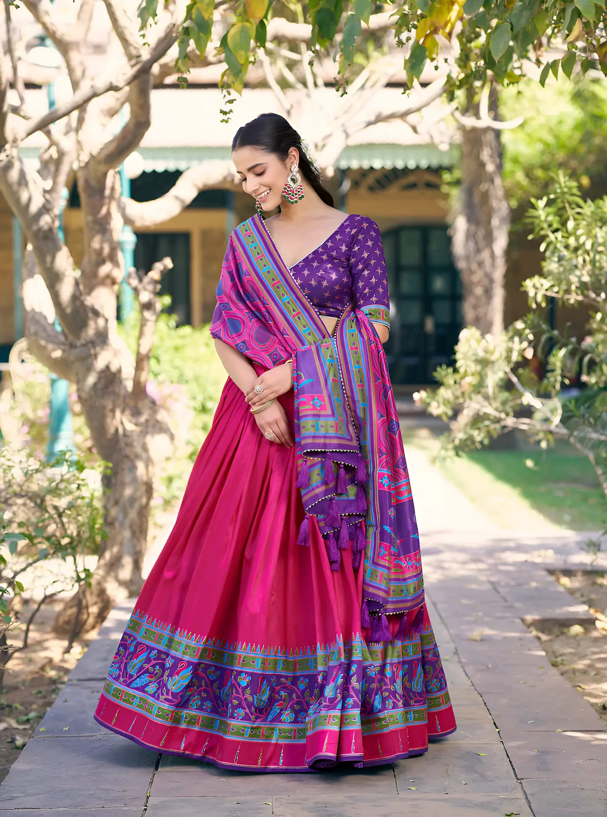 Rani Pink Tasar Silk Printed Lehenga Choli